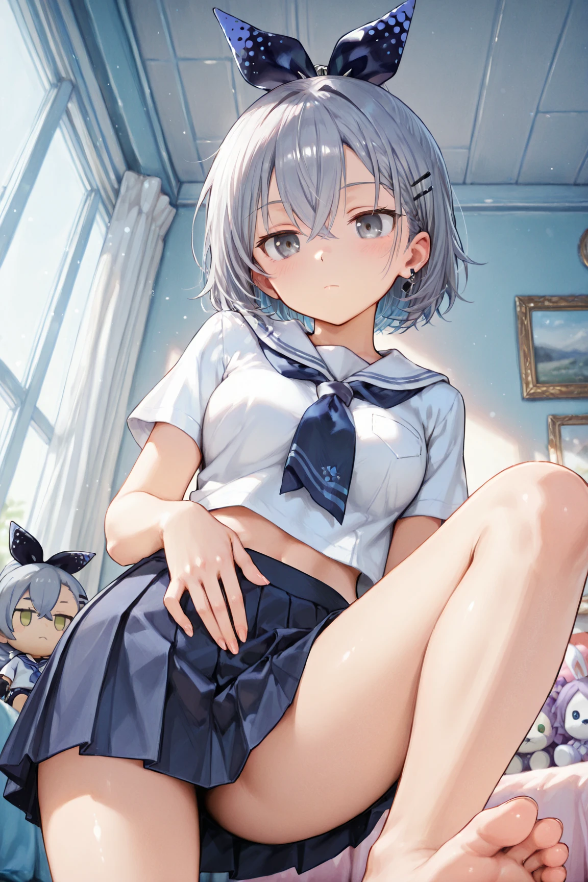 (masterpiece), classroom, 1girl, medium hair, white hair, (aqua eyes:1.2), (white sailor collar:1.2), serafuku, white skirt, pleated skirt nsfw show panties open legs