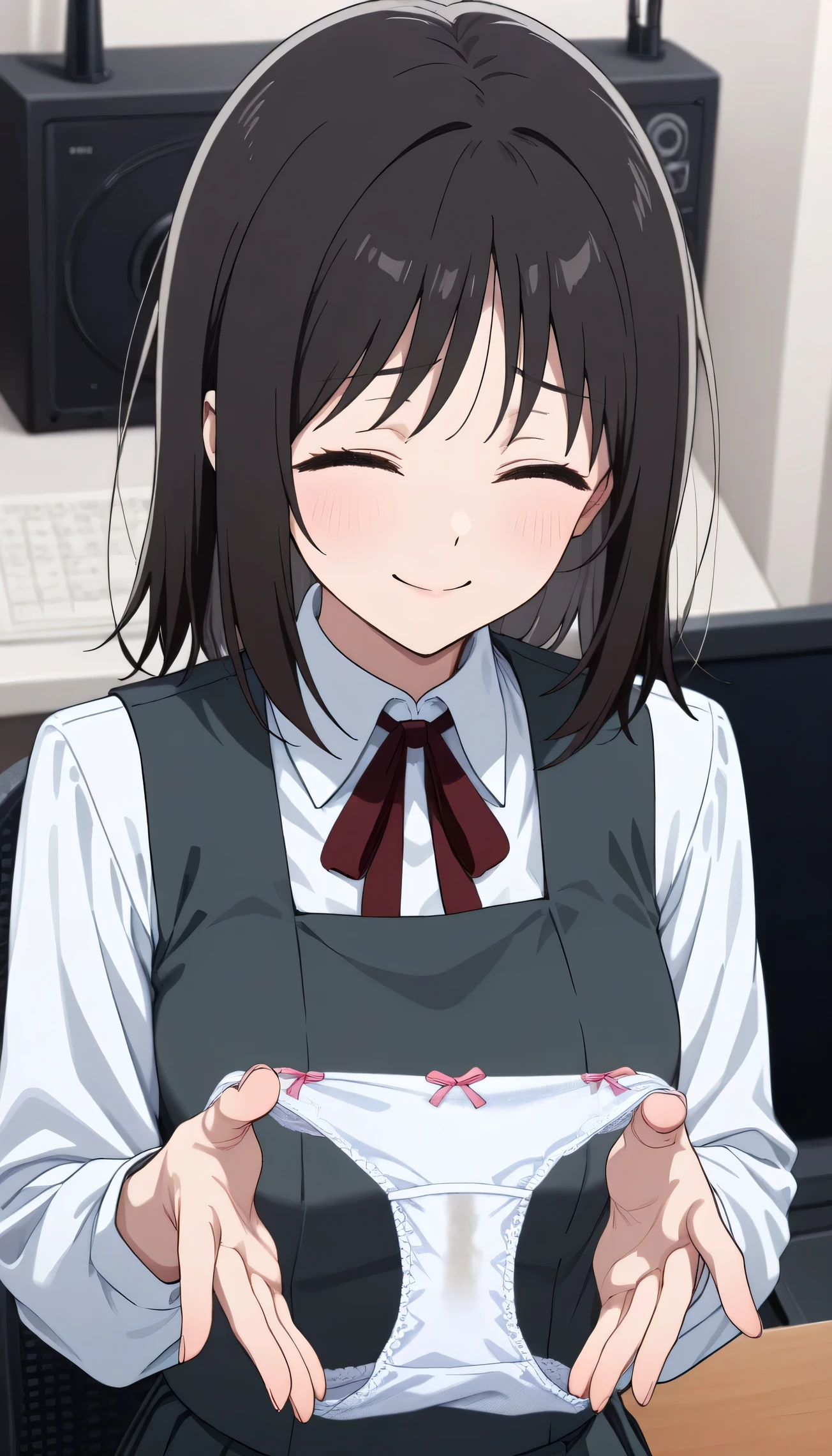 Artats, Mechanical halo, Large Breasts, Black Dress, Neck ribbon, Long sleeve, Black Gloves Break
(Browsing Caution), One girl, Panties as a gift, White panties, Holding,Holding panties, Upper body break, Nipples
(A shy smile:1.2), (blush:1.2), Half-close your eyes, Happy, :b BREAK Anime Style, Official Art, finest masterpiece, Highest quality, Highest Resolution, 8K, Most detailed, Perfect Anatomy, Blake in an oil painting style bedroom, Old Japanese house, Dust, Dust, Highly detailed and very beautiful 16K CG wallpaper