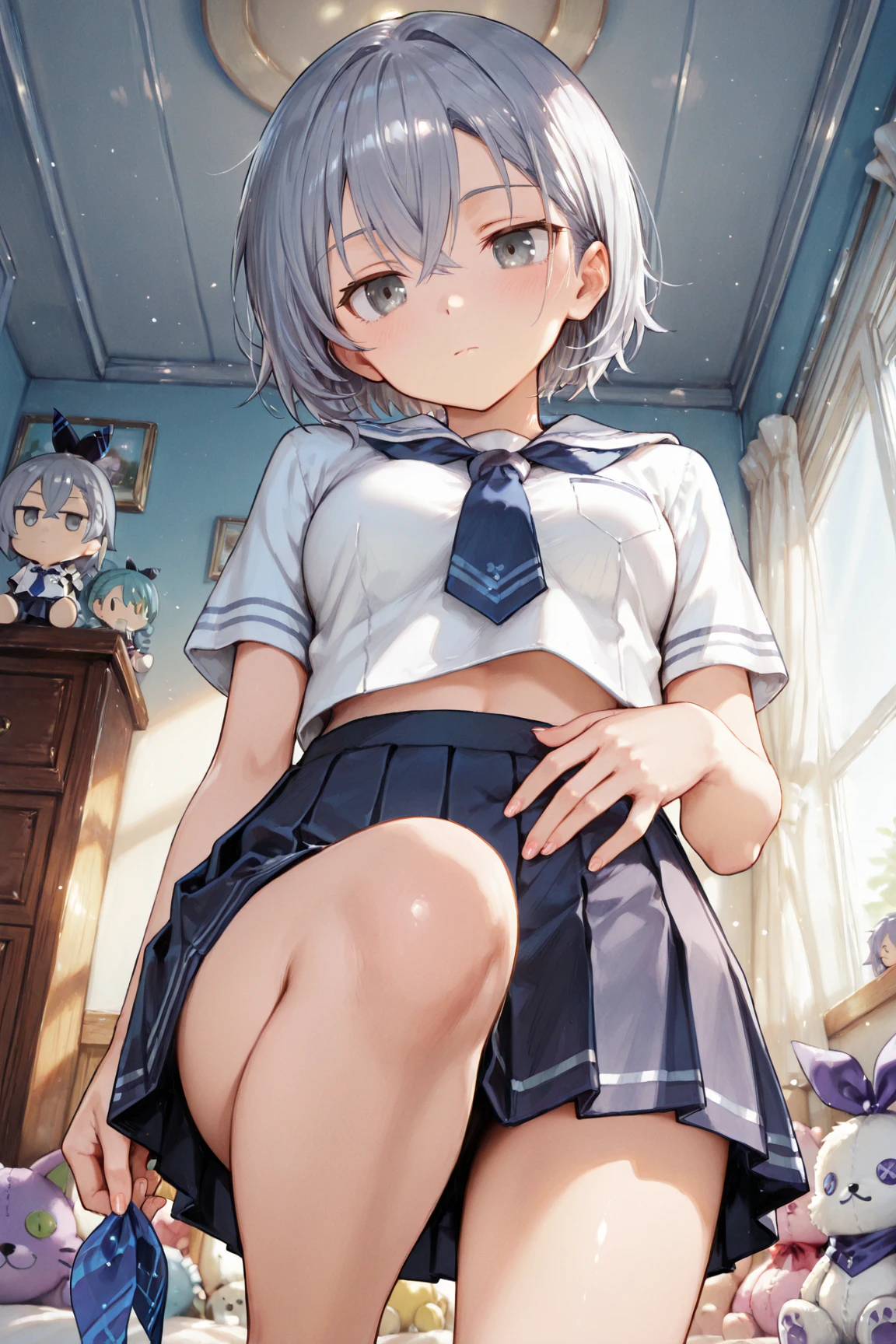 indoor,((classroom)),,Focus from below, Green Eyes, Grey Hair, hair ornaments, bangs, Virtual YouTuber, blunt bangs, Double Bang, Animal ears, Flat Chest,uniform,Grey Skirt,skirt lift,Pink Panties,blush,1boy,1boy face,hetero,Skirt in 1 boy face,steam,Men are down,Woman on top,Piggyback ride