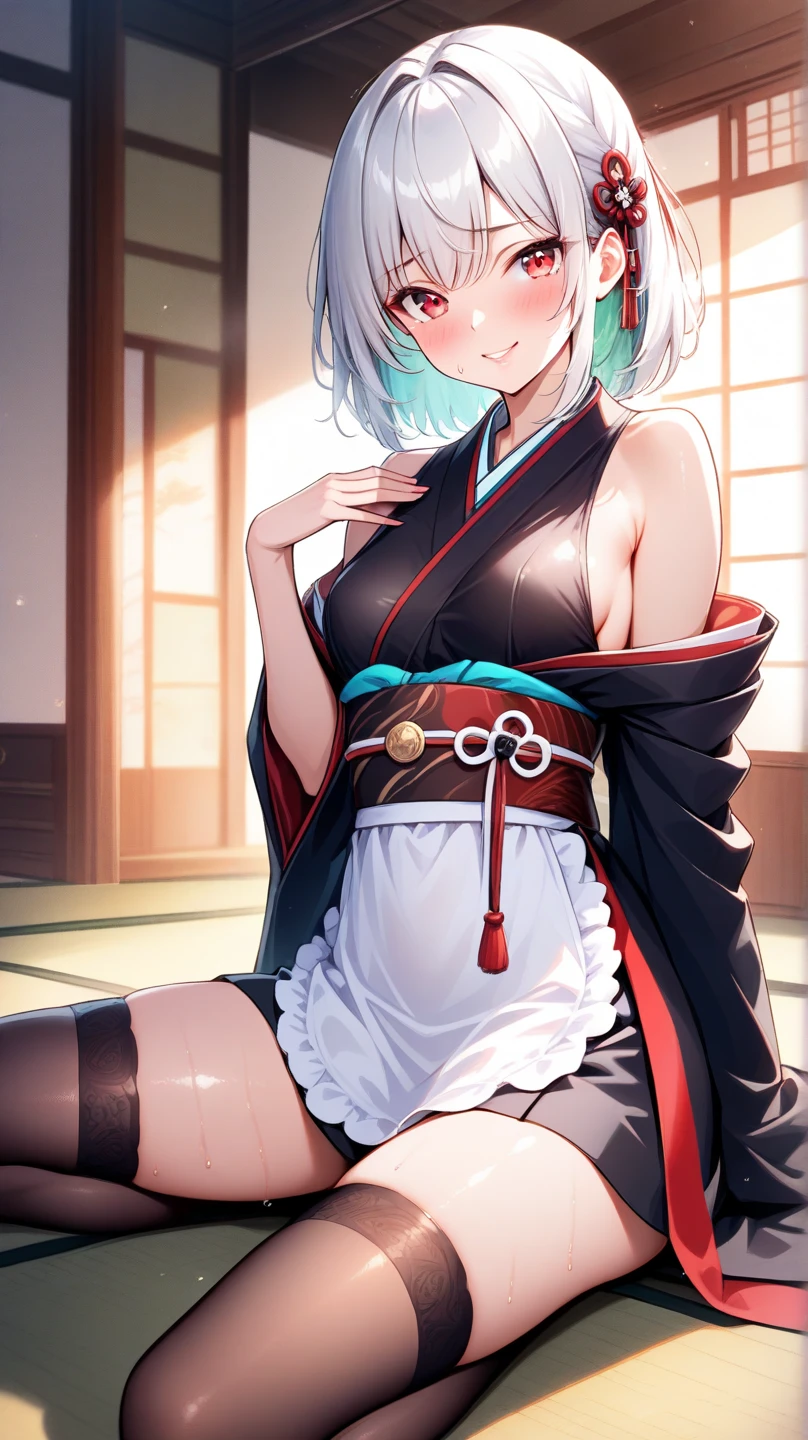masterpiece, best quality, 1girl, alcohol, bangs, blush, breasts, cup, eyebrows_visible_through_hair, hair_between_eyes, hair_ornament, japanese_clothes, kimono, long_hair, long_sleeves, looking_at_viewer, open_mouth, (silver_hair:1.1), sake, sake_bottle, sitting, solo, thighs, very_long_hair, wide_sleeves, twintails, ,