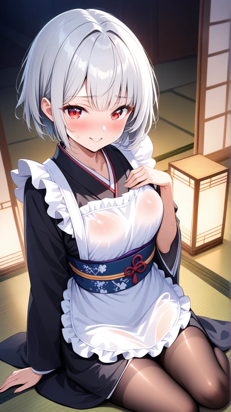 (masterpiece, best quality), nsfw,
1girl, standing,
BREAK 18 yo,  short silver hair, beautiful detailed cutest eyes, eyeshadow, lips, gal, large breasts, 
angry, smile, (blush:0.8),

BREAK ((red japanese_kimono), (open clothes)), (Japanese flower hair ornament), 
BREAK japanese style room
