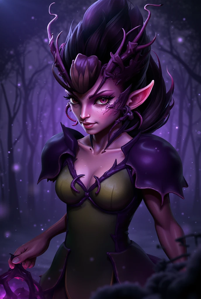 Satyr, female, purple skin, black fur, brown hair, black eyes, straight horns,