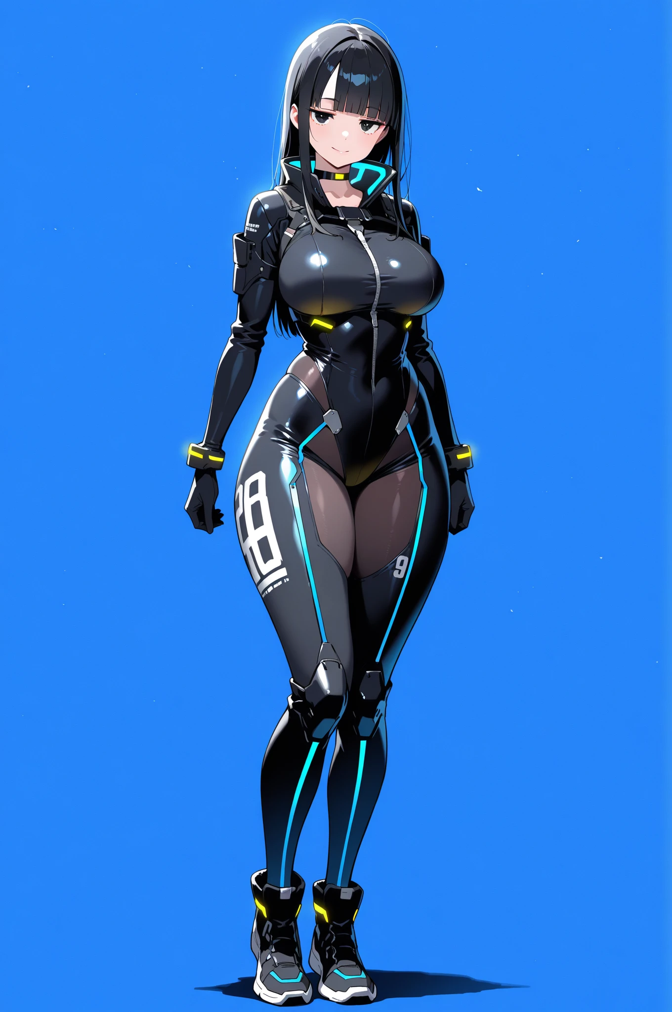 Masterpiece,Impasto,Cinematic,Niji journey,Niji,Dynamic angle,Looking at viewer,From front,Full body,Prism style,Broken world,Broken glass effect,Broken glass background,1girl,Solo,Hood up,Big hood,Black hooded coat,Black bodysuit,Mechanical Exoskeleton,Black shirt,Black leggings,Mechanical boots,Mechanical weapons,Blue eyes,Gauze on face,Long sideburns,Medium hair,One big braided pigtail,Curly hair,Gray colored hair,Hair over one eye,Beautiful breasts,Voluptuous,Plump,Chubby,Beautiful ass,Detail Background,Futuristic City,Light blue theme,Backlight,Warm tones,Tranquil,Soft light,Blue Sky,Cloud