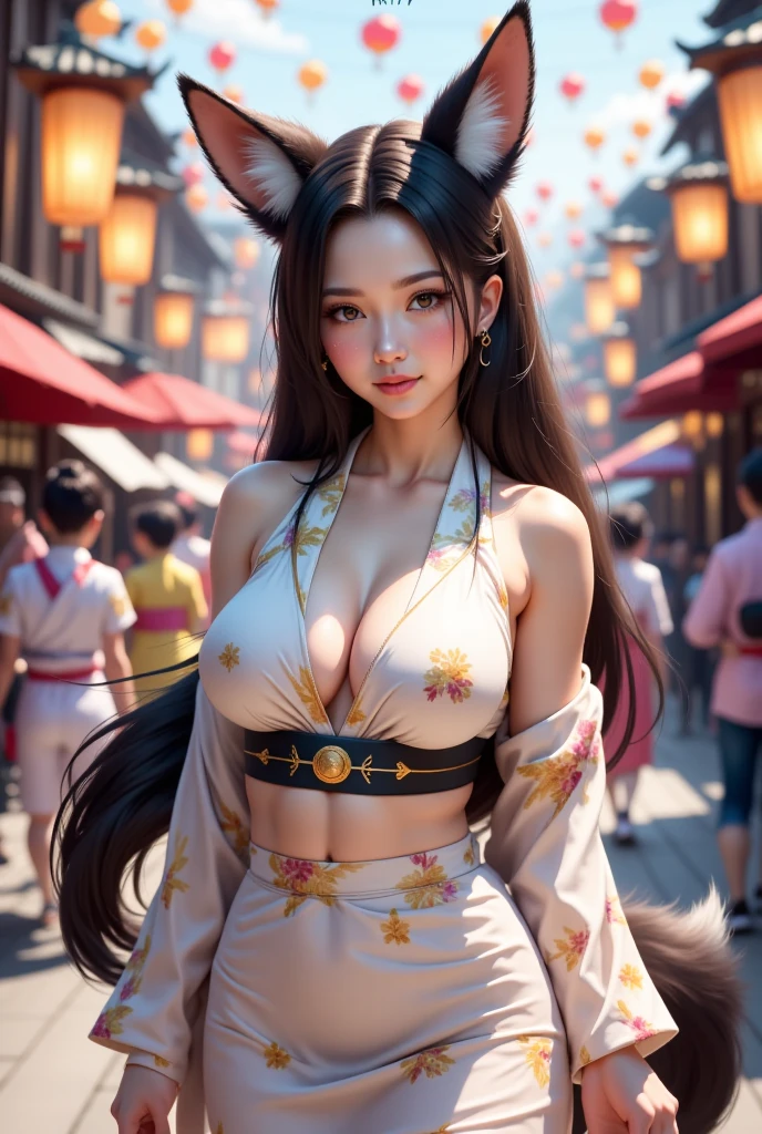 One Girl, Fox Girl, Nine-Tailed Fox,Fox Ears, Black colored hair, Fox Makeup, Kimono with open chest, Body size is 100-70-90!, Nice body, Avatar, face, Open chest, lewd face, Dominant representation, naughty face, Big Breasts, Emphasize cleavage,Show bare skin, Skin is visible, With legs apart, Show off your thighs, M-shaped legs, A beautifully patterned kimono,Red and black flowing water pattern kimono, I can see her cleavage, Muscular, Uplifting, Abdominal muscles, Exposed skin, Long Hair, Skin Texture, Soft breasts, Large Breasts, Standing in a grassy field, outside, Blue sky,Composition facing directly ahead, Grab your breasts with both hands, Fingers digging into breasts, Developmental atmosphere, god mysterious painting