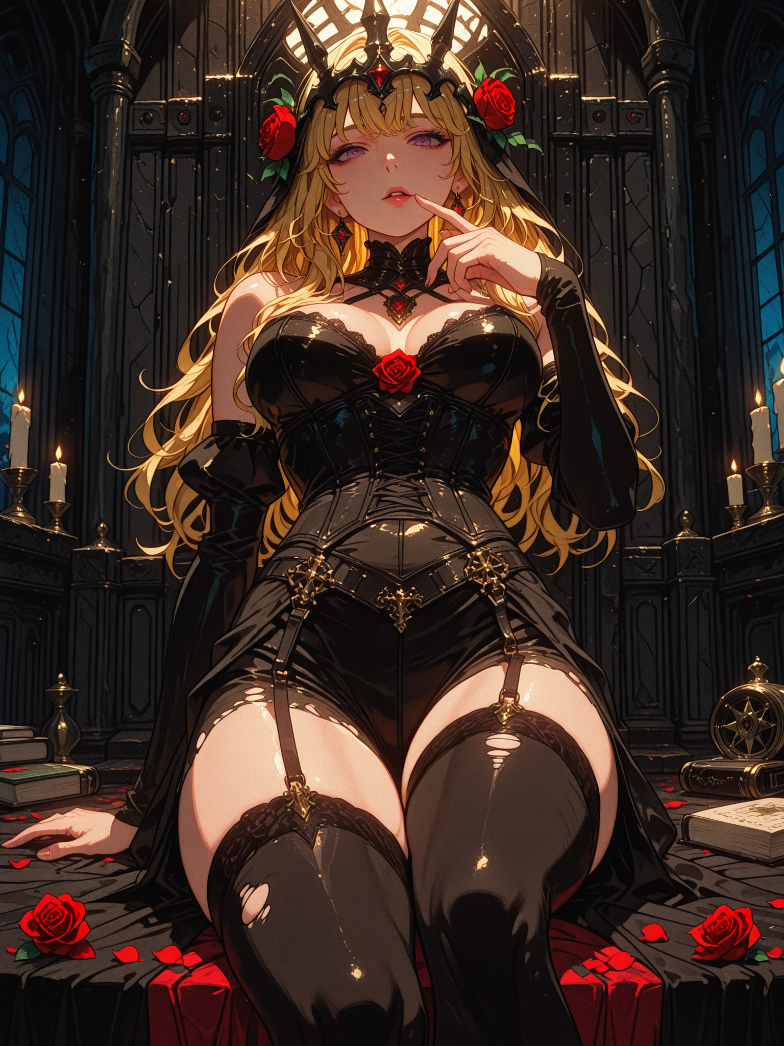 (best quality, highres: 1.2)
1 vampire, ruby red eyes, long, flowing blond hair with a hint of golden highlights, extremely detailed with long, voluptuous locks cascading down the thighs, dark, velvety background, exquisitely rendered with a sense of eerie allure, close-up portrait showcasing the vampiric elegance, bare, well-toned shoulders, enchanting smile filled with a hint of mischief, sensual pose accentuating the seductive nature, sitting gracefully on a gothic, vampire-themed throne, red lips that seem to glisten in the low-light, sharply pointed
