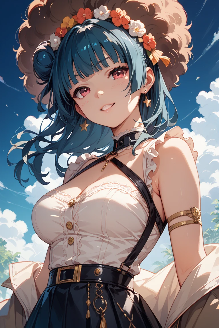 8k_wallpaper, extremely detailed eyes, extremely detailed body, (large masterpiece digital art), (detailed manga illustration), (detailed line art), ((perfect anatomy)), (intricate details:1.3), (ultra-detailed:1.3), (illustration:1.3), (sharp focus:1.3), (natural lighting:1.05), (vivid colors:1.3), (masterpiece), best quality, expressive eyes, perfect face, 1 girl, breasts, cleavage, gloves, large breasts, casual clothes, white shirt, tee shirt, denim jacket, jacket, {blue hair}, medium hair, wavy hair, (gray eyes), hourglass physique, casual outfit, black denim shorts, shorts, dynamic pose, Huge ass, dynamic lighting, beautiful Latin woman, curvy, fur trim, hair bun,