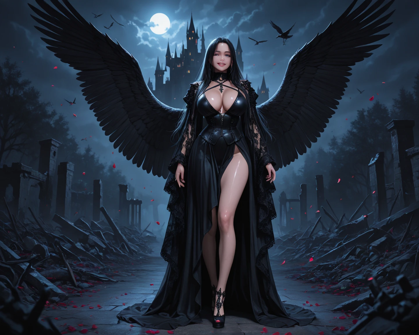 Medieval archangel warrior　lolita aristocrat　long boots sexy girl　attraction　sexy french woman with cute demon wings cemetery cursed dark night　action style coming out of the grave　Increase libido,top view,sinister,long hair,black hair