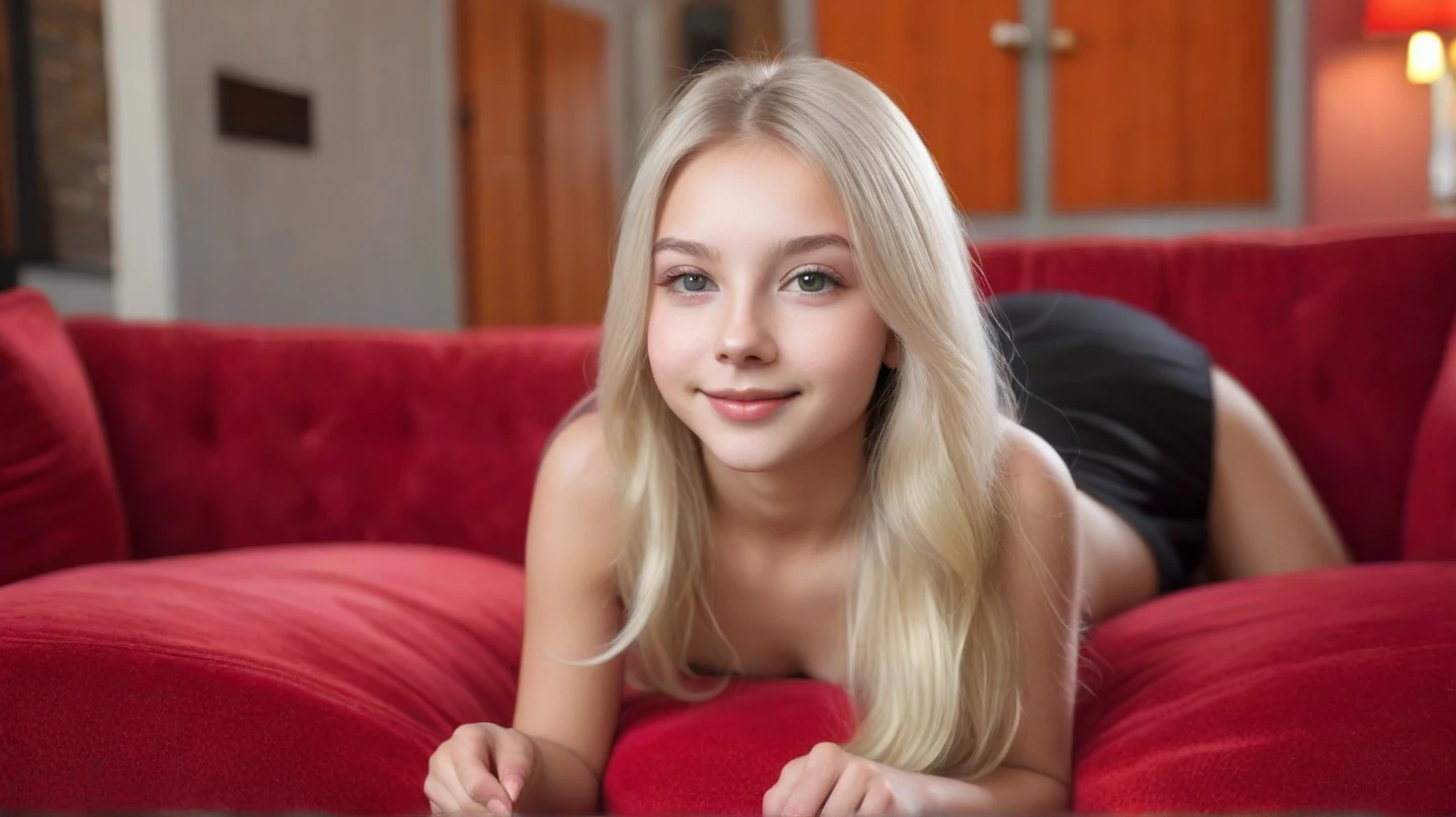 High quality, cute, small, 18 year old girl, long flat dirty blonde hair, sitting on her bed, tight form fit sleeved red dress,. Teasing ((exposed shoulders)) horny