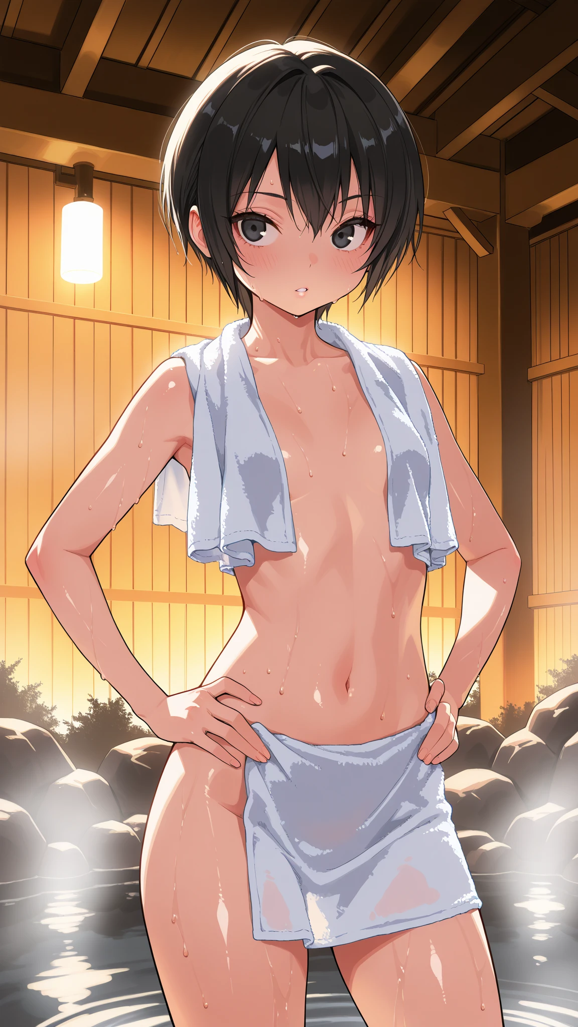 Tomomi_Xijing,Short hair,Hair Ribbon,standing,((from behind,looking back,hand on own ass)),looking at viewer,classroom,NSFW,1girl in,(Portrait),face Focus/close up,short torso,Perfect Lighting,topless,nude,(nipples),anime screen cap,Flat color,cel shading,smile,blush, (underwear:1.2),((brighten the subject)),oily skin,curby:1.2,(light white panties)