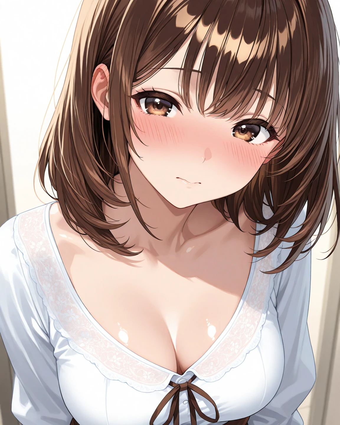 ((Tabletop, highest quality, High resolution, , Pixel perfect, 4K,))), 1 female teacher, single, alone, beauty、The whole body is visible、 ((Mid-wave hair, bangs, Brown Hair)), ((Brown eyes, Beautiful eyelashes, Realistic eyes)), ((Detailed face, Blushing:1.2)), ((Smooth texture:0.75, Realistic texture:0.65, Realistic:1.1, Anime CG Style)), Mid-chest, Dynamic Angle, Perfect body, (( , , Beige off-the-shoulder sweater, 、)), No bra、Nipples are slightly visible、Very embarrassing panic smile, 、、bedroom、Sit on the bed、(Light blue floral lace panties)、Angle from below)、