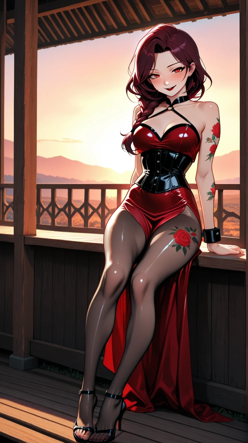 (Best Quality, Masterpiece: 1.1), (Fidelity: 1.4), Woman, Upper Body, flushed face, pleasure, lustful expression, Long hair loose, Garden, BDSM, Silk corset, Red lace bra without bulge, garter belt and 7/8 lace socks, Bondage, Lace choker, Micro red silk thong panties with ties on the sides, crouching position, open legs, full body, heeled strap, wide hips, Crotch on display, Camel paw bulging, anatomy big lips, Medium breasts, looking at the viewer, pov underneath,