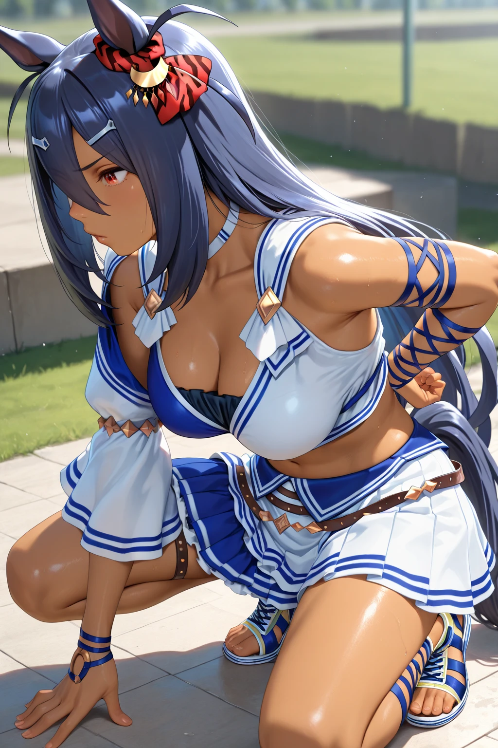 arafed woman in a blue skirt and white top posing for a picture, rendered in sfm, chun li at the gym, highly detailed giantess shot, tifa lockhart, [ 4 k photorealism ]!!!, [ 4 k photorealism ]!!, photorealistic perfect body, tifa, heavy detailed, realistic shaded perfect body, photorealistic anime girl render, lifelike