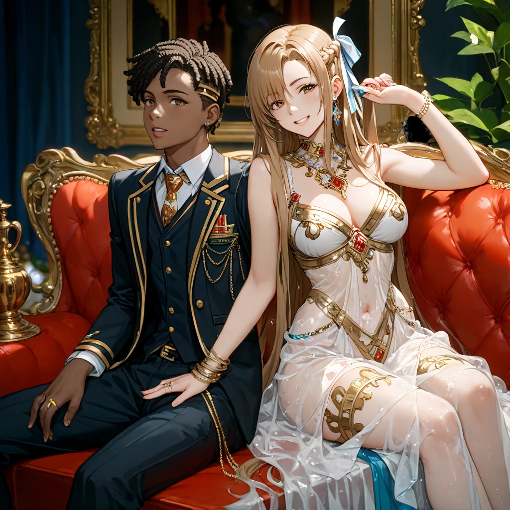 ((highest quality)), ((masterpiece)), (detailed), Perfect Face、（Yuuki Asuna）、(The woman has bright blonde hair)、((The woman is holding the man and the brown-haired baby, with their bodies pressed completely against each other in a large, luxurious chair.))、((The woman is wearing a long slit see-through dress with gorgeous gold embroidery, shiny gold boots, and gorgeous jewelry accessories such as jeweled earrings, necklaces, bracelets, and waist chains. She is also wearing a gold see-through skirt with an open front.、A beautiful golden see-through cape with a gorgeous headdress chain))、、Men and women with gorgeous engagement rings、((The woman is wearing heavy makeup, including bright red lipstick and dark eyeshadow.))、The man gently strokes the woman&#39;s head with one hand.、The man is dressed luxuriously、((The man has a strong body and a big dick and balls))、(Woman looks happy）、(((The man is not wearing lipstick or makeup.)))、The man looks satisfied、