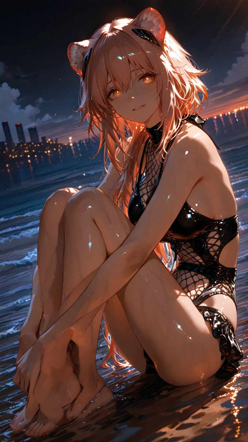One Girl, Calm expression, Attractive eyes, length, straight light pink hair, Sky blue turtleneck swimsuit, calm posture, Porcelain Skin, Subtle blush,  (Edge lighting): 1.2, Warm tones, Sunburst, Soft Shadows, Bright colors, Pictorial Effects, Dream-like atmosphere BREAK Beautiful lake, Distant Mountain々, salsa, Calm sea, reflection, Sunlit clouds, Quiet atmosphere, Beautiful sunset, Ultra-detailed, Official Art, Unity Wallpaper 8k, Zentangle, Mandala,Reading a book
