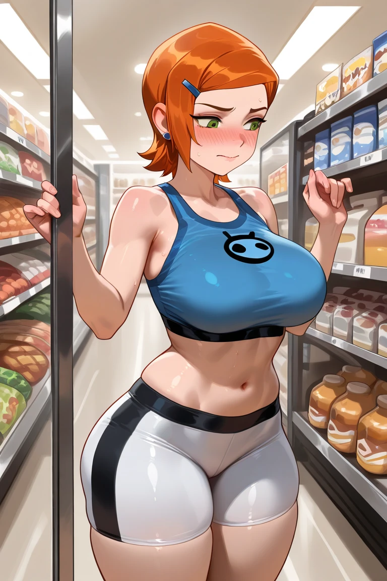 ((highres)), Masterpiece, high quality, best quality, beautiful, perfect lighting, detailed face, ultra cute face, cowboy shot, full body, ((1girl)), ((solo)), looking at viewer, skindentation, ((blushing)), shocked, embarrassed, short orange hair, green eyes, glasses, freckles, jeans, tank top, jacket, tight clothes, full body, grocery store, standing in a grocery store, hand on hip, medium breasts, perky breasts, cleavage, ((wide hips)), ((thick thighs)), chubby,