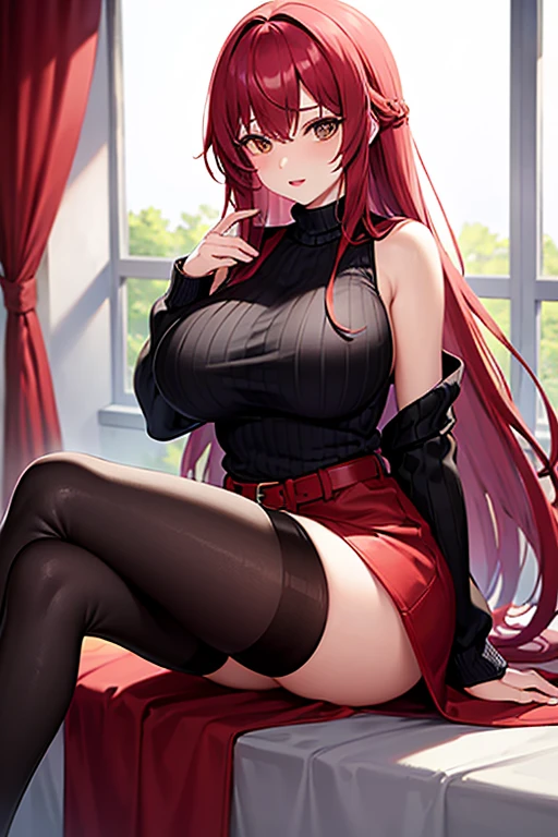 (high quality:1.2), masterpiece, ultra high quality, intricate detailed, digital art, TakashiroHiroko, 1girl, mature female, solo, hand on lips, crossed legs, seductive, tanned skin tone, full body shot, looking at viewer, smile, blush, purple eyes, long hair, red hair, long earrings, jewelry, velvet choker collar, lace off shoulder black crop top, white ruffle micro mini skirt, flip flops, red eyeshadow, curvy, large breasts, cleavage, gothic apartment, window, dark sky, sunlight, city, complex background, sunset, (Best quality, Ultra-detailed, Anime Pictures, Game CG, art cg, Photorealistic, Movie lighting, perfect shadow, realistic lighting shaded, Unity 8k wallpaper), Hiroko Takashiro, Perfect eyes, Perfect face, vulgarity, nose blush, detailed feet, view the viewer,Sexy pose,sit on chair, 