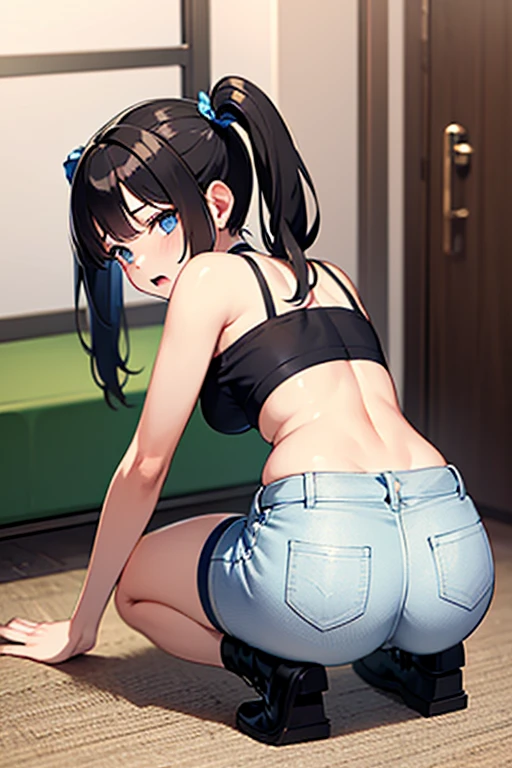 Plump thighs、Best image quality、High resolution、masterpiece、super high quality、Spreading her legs、Squat with your legs apart、Butt shooting、blue bra、Blue panties、Fullback panties、とてもBig Ass、The buttocks are too big、Low Angle、Blushing、4K quality、Thick thighs、Big Ass、Wearing black knee socks、Pubic hair growth、Shooting from below、Blushed、Big Breasts、Condescending face、You are tempting me、Photo studio、On the bed、Show your ass、Porn video shoot style、All fours pose、Filmed by multiple cameras