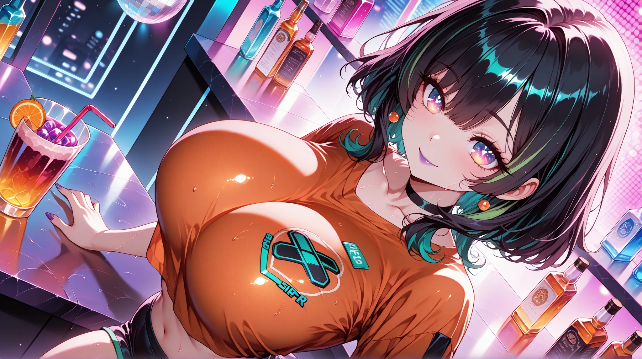 rave girl,(((1girl))),((girl with extremely cute and beautiful hair)),((Asian features)), (big breasts: 1.5 (((neon white dark hair: 1.55, wild hair, long hair: 2.1, colored inner hair, breathing in the ears))), (((neon Green_eyes: 1, 7))), intricate eyes, beautiful detailed eyes, symmetrical eyes, slanted eyes: 15,((((skin shiny: 1.8, shiny skin: 1.8, shiny skin, very shiny skin, shiny body, plastic shiny skin, exaggerated shiny skin, shiny skin , wet legs))),(spider lower abdomen, narrow waist, five fingers, perfect hands, athletic body, detailed body, (((detailed face))), cute, slutty, seductive, erotic, (((nsfw))), zettai ryouiki, revealing clothes, skin show, (transparent shirt),((jewelry)), ((wet clothes, complex clothes, complex clothes)),((sideboob)), cyberpunk city at seaside at night with glowing signs, neon lights and dark storm clouds and puddles, scenery: 1.25, night, starry night, cosmos, very dark night that highlights neon lights, very bright neon lights, artistic photography , (photo taken by sldr), high resolution, sharp focus, (ultra detailed, extremely detailed), art (photorealistic): 1.37), (extremely detailed Unit CG 8k wallpaper), ((synthwave background theme) ), (((vibrant colors))), intricate, (intricate background), (masterpiece), (best quality), perfect rendered face, perfect face details, realistic face, realistic photo, analog style, ((details intricate)), (((realism)) )