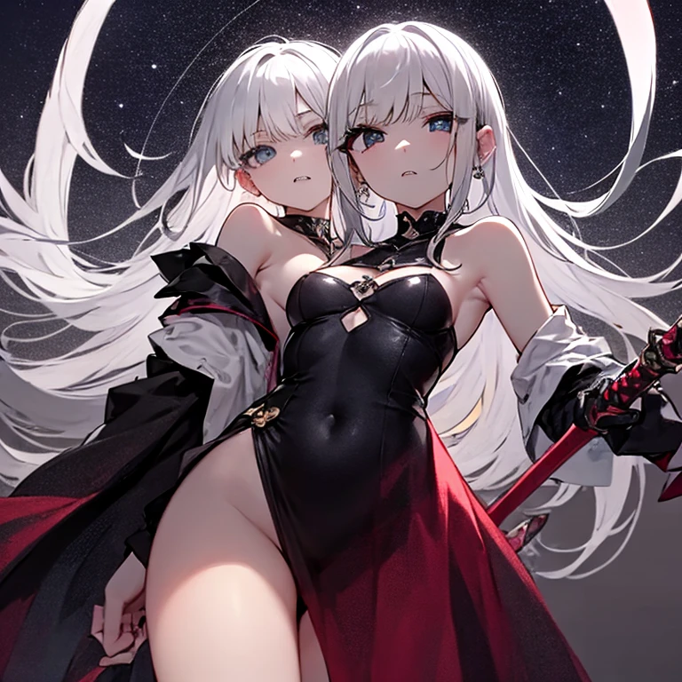 Long gray hair,blood red eyes,Necklace with cross,Wearing a black and white goth bikini,beach,beach球,Woman on top