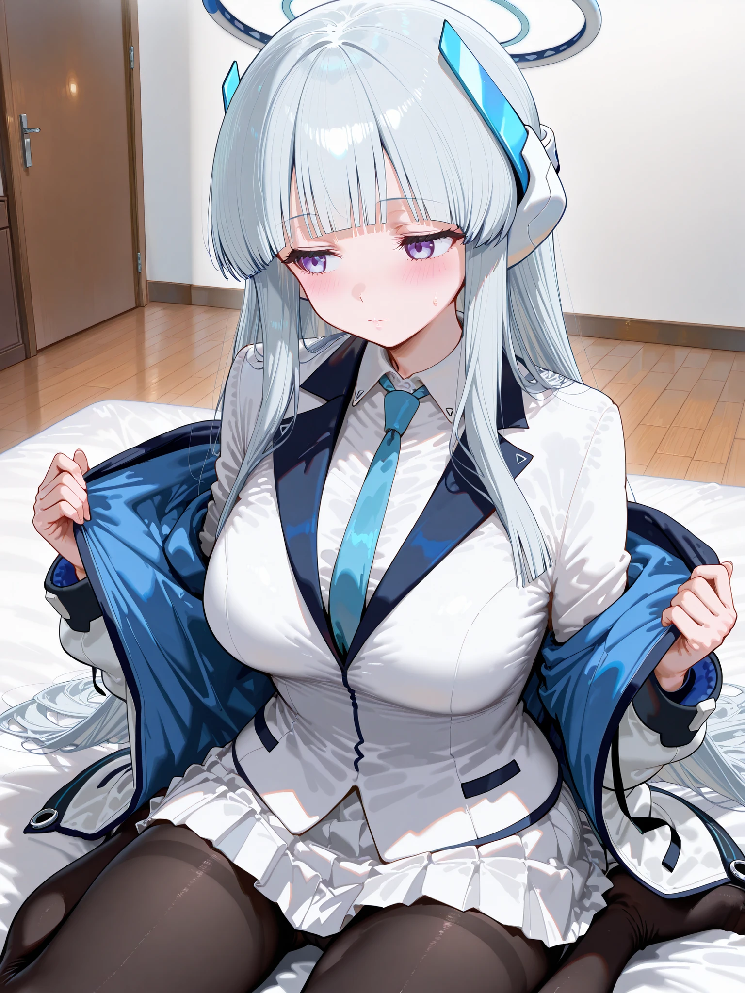 生塩ノア,
score_9, score_8_up , score_7_up , score_6_up , score_5_up ,
(masterpiece, best quality),ultra detailed,
megami magazine
BREAK
long hair, headgear, mechanical halo, large breasts, blue necktie, white shirt, off shoulder, white jacket,long sleeves, white skirt, pleated skirt, black pantyhose,
noa ushio, purple eyes, grey hair, blunt bangs, long hair, sidelocks,blue necktie, halo, headphones, long sleeves, mechanical halo, necktie, pantyhose, shirt, skirt, suit, two-sided fabric, two-sided jacket, uniform, white jacket, white shirt, white skirt, white suit,
black panties, race panties,
simple background, indoor, bedroom,wood floor, white wall,(sit on bed),
1 girl,
(((solo))), (pov),
medium-large breasts,
wariza,
((removing jacket)),
looking away, blush, jitome,