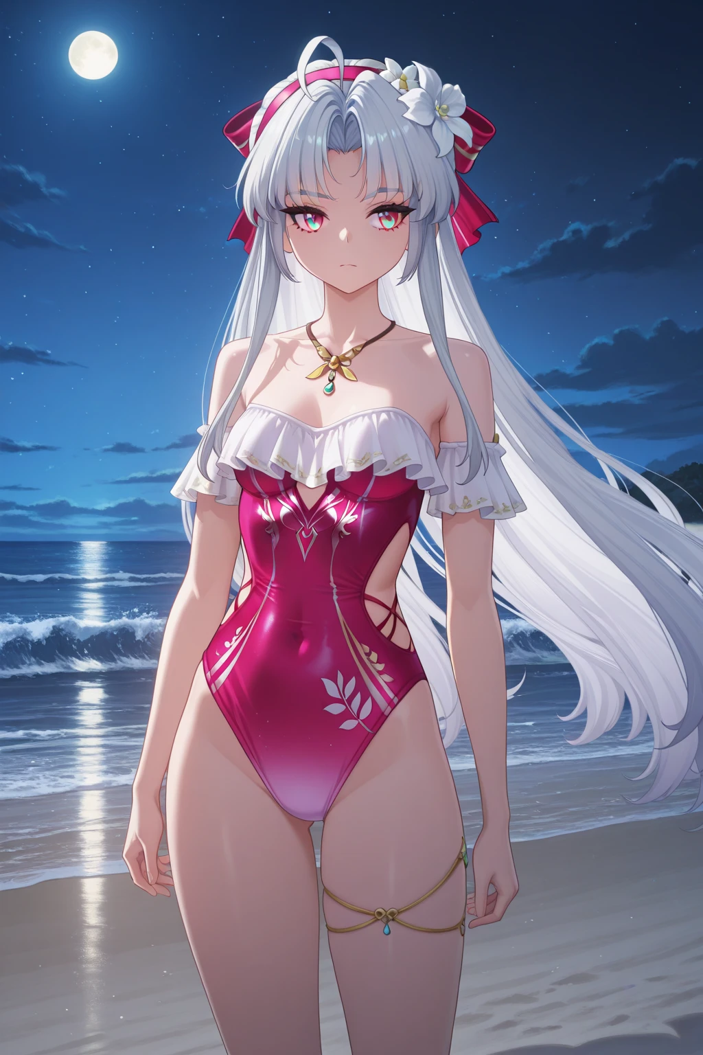 (1 girl), (((Velzard de tensei shitara slime datta ken))), Ela tem pele clara, olhos da cor de diamantes azuis e longos, cabelos brilhantes, pearl white, extending to the waist, (((She wears a blue star-shaped pendant and a gold headband.))), (wears a very short black bikini), seios grandes, thin arms, (barriga musculosa), (((pernas musculosas))),(Standing), cintura fina, bare feet and very detailed, beautiful feet and well-shaped toes, (((beach night scene with starry sky and blood moon in the sky))), (cabelos presos em rabos de cavalo duplos), olhos vazios, olhos vazios, olhos vazios, eye reflection, olhos brilhantes, mau humor, anime, estilo anime, ray tracing, Cinematic lighting, panorama, Sony FE, UHD, master part, anatomicamente correto, Super Detalhe, alta qualidade, best quality, high resolution, 16k
