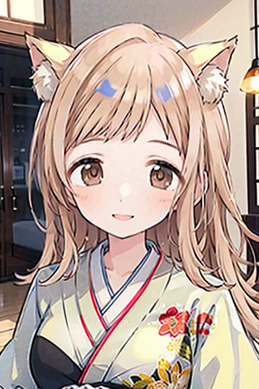 Very detailed CG Unity 8K wallpaper, Cute One lady, Mature Blonde、lady ,beautiful lady, pale skin (Super masterpiece, Beautiful person, well detailed face polluted smile, Photorealistic, hyper realisitic), Colorful winter kimono in pink and white colors、(white fur)、Japanese Style Hair Accessories、smile、Japanese background with light pink flowers and snow、Portrait、(flat chest:1.2)、(Glowing Skin:1.7)、Detailed eyes、Big eyes、Open your mouth、Hide your arms、(kotori:1.1)