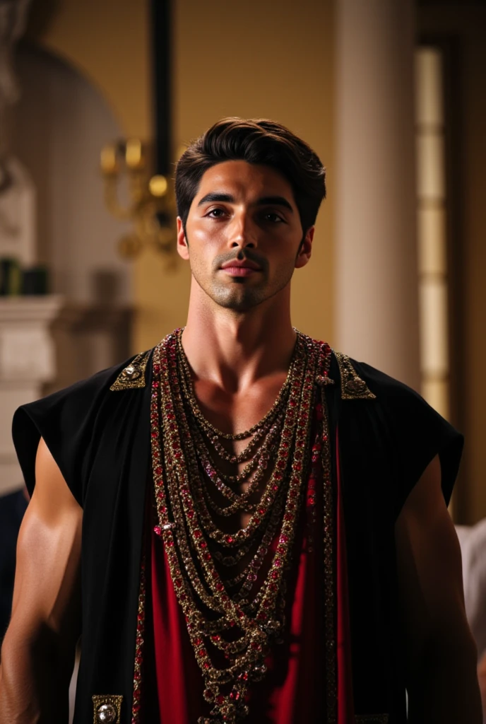 handsome 25 year old man, a tough but handsome profile, tanned skin, black hair, slightly messy, black eyes, unfriendly face, a toned and muscular body, beardless and dressed like a king.