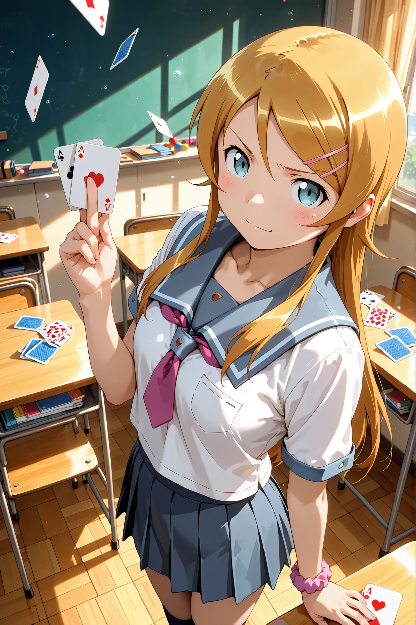 masterpiece, best quality, amazing quality, very aesthetic, absurdres, (anime screen shot:0.95) from above, 1girl, kousaka kirino, small breasts, school uniform, zettai ryoiki, classroom, juggling cards,