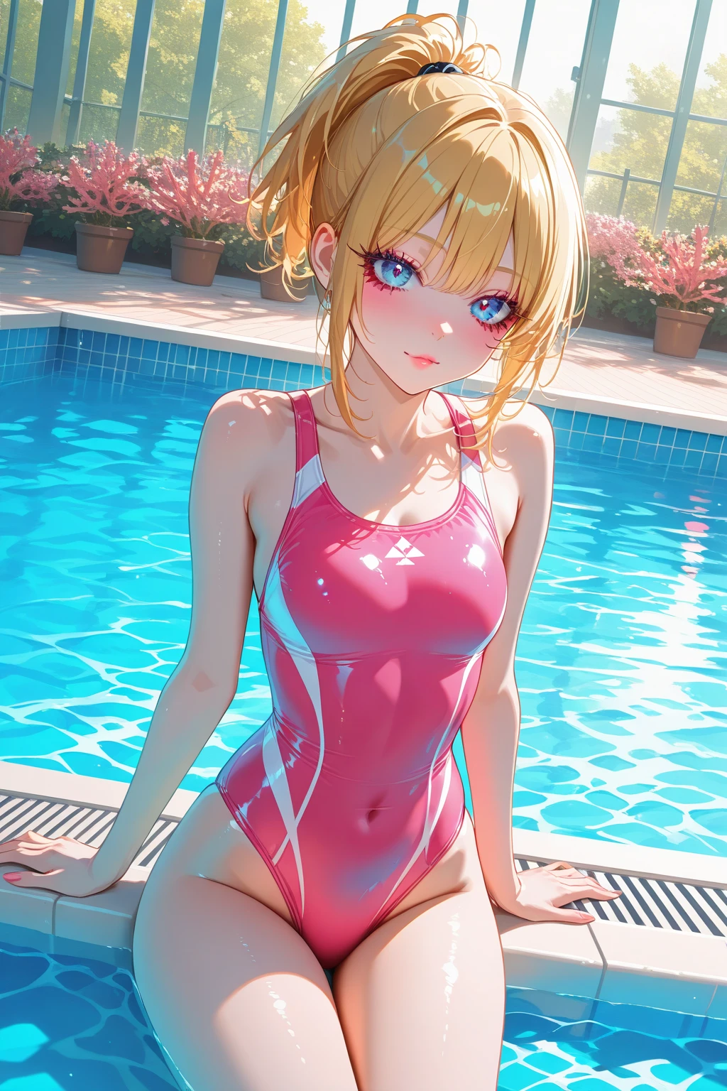 1 girl, two pigtails falling over her shoulders with pink rubber bands, blond hair, wearing a pink swimsuit, Dragon Ball style, in a forest in front of a beautiful lake