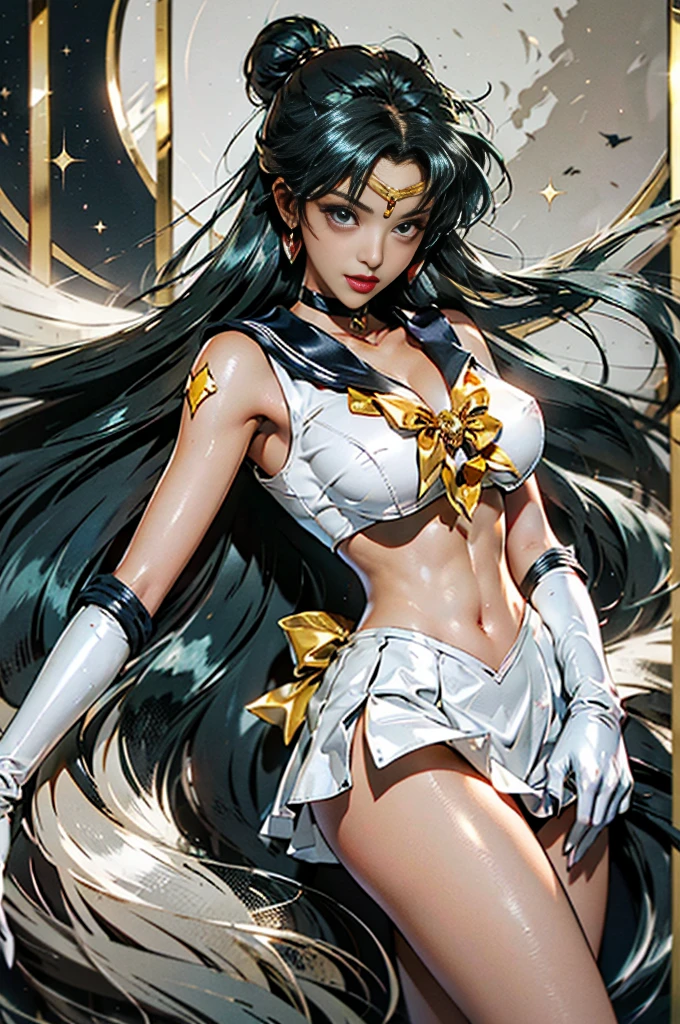 full: 1.3, to stand, masutepiece, 。.3D, Realistic, Ultra-micro photo, Highest Quality, ultra-detailed CG unity 8k Wallpaper, ((Luxurious golden tiara on forehead: 1.4, Shiny Green Pleated Mini Skirt: 1.2, Green pre-gate mini skirt: 1.1,No sleeve,Bare skin upper arm, Huge pink bow on the chest: 1.4, Green gloves on elbows: 1.1, Green Large Color, green sailor collar, Green brooch)), From below, intricate-detail, (1 female), 20 years old, (hmjupiter, Green eyes, Ponytail, tiarra, Jewelry, Sailor Senshi Uniform, green sailor collar, Choker, elbow groves, White Gloves, pink bows, brooches, white leotard, Green skirt, Pleated skirt,Meixiaonfu
), ((single ponytail)), incredibly long brown hair: 1.2, shiny beautiful straight long brown hair: 1.2, Sailor Jupiter Uniform, (Sailor Senshi Uniform, Bare upper arms: 1.1, Long white latex gloves with luxurious gold decoration: 1.3, very large pink bow behind the waist: 1.1, Green Choker, Cleavage is sexily boldly large, Golden ring-shaped earrings, Glossy green long knee high boots with luxurious gold décor), (Very thin and fit high-gloss white holographic leather: 1.3), Bold and sexy slender high leg gravette swimsuit, (Fighting stance),
((Seductive smile, Very pretty face, Face Details: 1.5, Bright green eyes, Beautiful face, Beautiful eyes, shiny eyes, thin lips: 1.3, thin and sharp pale eyebrows, long dark eyelashes, Double eyelashes)), Luxurious huge white wings, muscular muscles: 1.2, Muscular abs: 1.2, a small face, Huge breasts, tall and perfectly proportioned, thin waist, SEXY Model Pose, Visible pores perfect hands: 1.5, Octane Rendering, highly dramatic picture, Strong natural light, Sunlight, exquisite lighting and shadow, Dynamic Angle, DSLR Harp, Focus: 1.0, Maximum clarity and sharpness, (Dynamic lightning backgrou, The divinity of the forest, Lightning space background, Jupiter, Moonlight, Moon, dynamic background, Detail Background),(mecha musume)