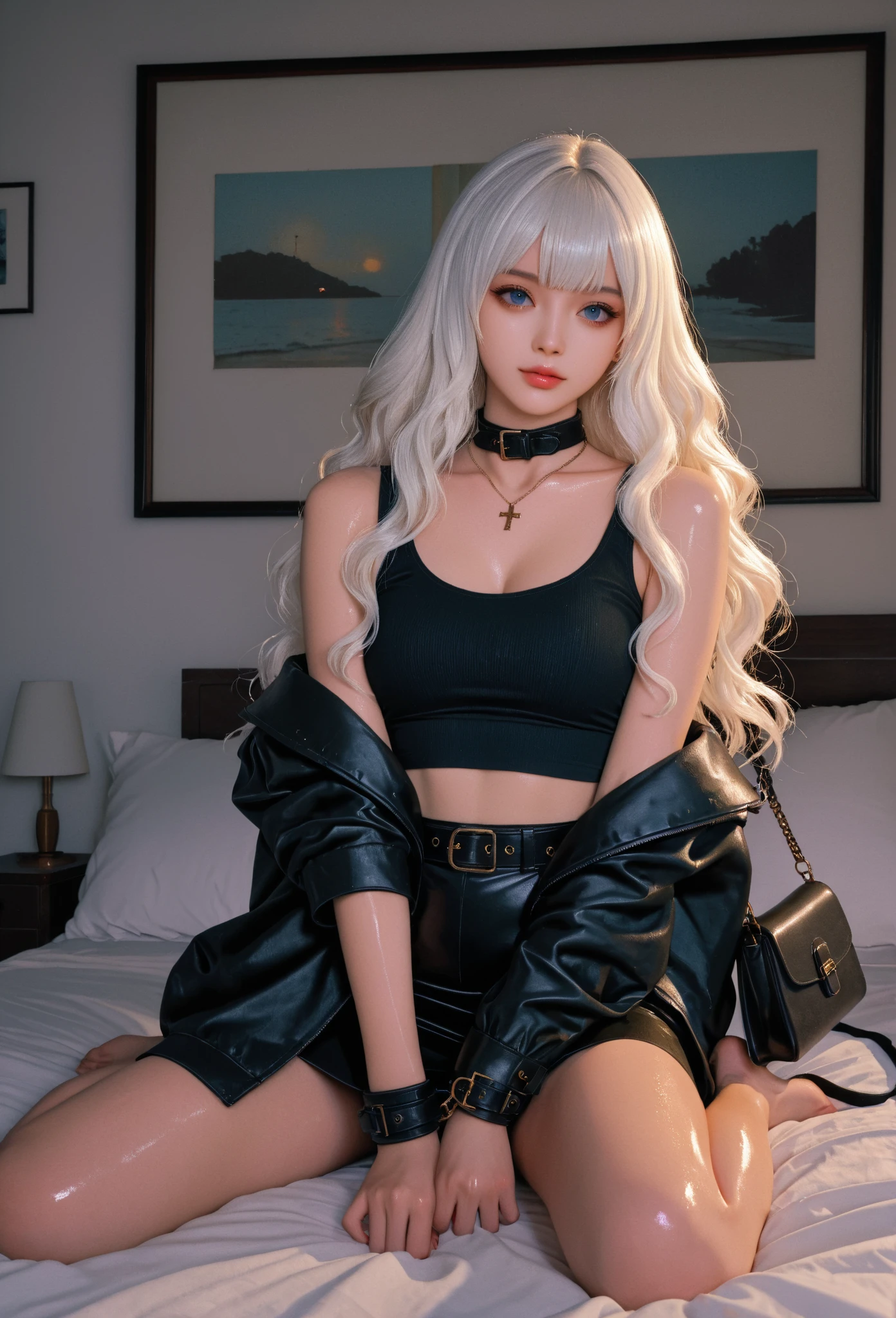 nsfw、mysterious idol、lipgloss、sexy smile、looking at the camera、(gothic makeup)、(long lashes)、(sexy pose)、full body、kneeling on a bed、shiny sparkling very large necklace（neon gold)、naked medium breasts、shiny glossy latex tight mini skirt（neon gold)、long stylish hair（(platinum blonde))、long fuchsia fluffy fur coat with white fluffy fur（neon fuchsia)、conceptual art, High quality, Realistic, extremely detailed CG unified 8k wallpaper, highly detailed, High-definition raw color photos, professional photography, Realistic portrait, Cinematic Light, Beautiful detailed, Super Detail, high details, (((Bokeh))), depth of fields, illumination, large sparkling neon hotel room, Super stylish lighting