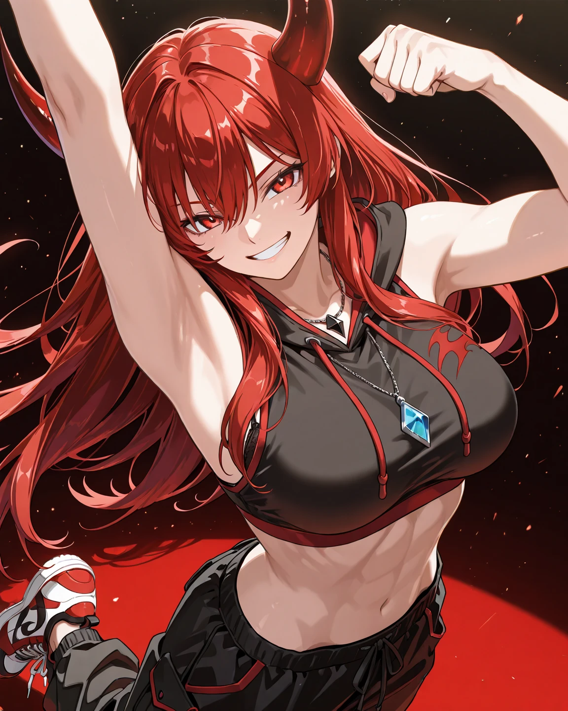 A muscular, macho female ninja is venting her spirit against a red lightning aura