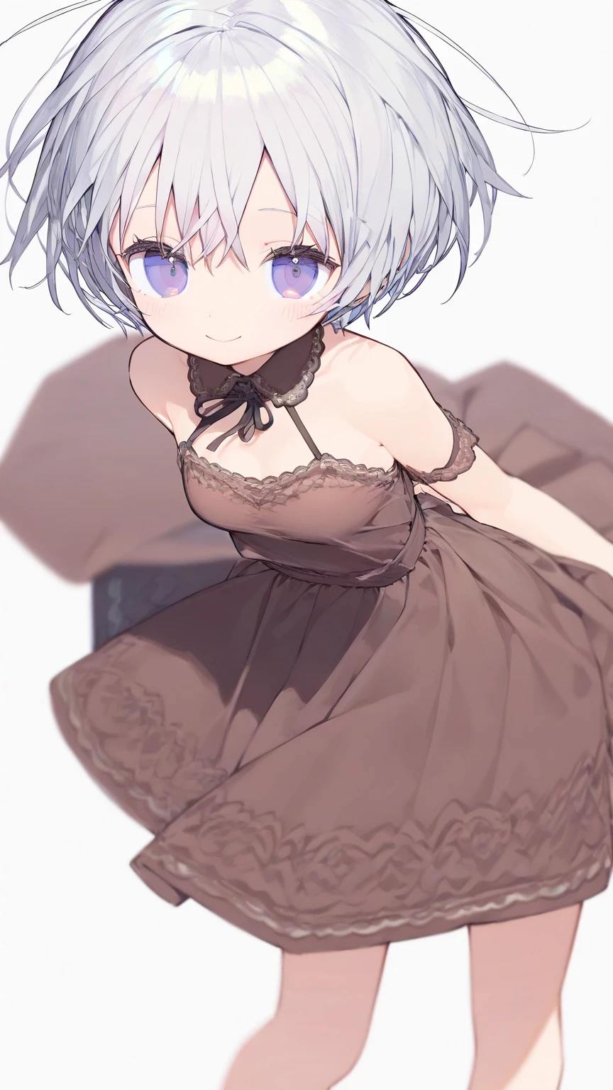 a girl，Purple Eyes，white hair，sitting，wariza，thigh，Black dress，Short sleeve,
