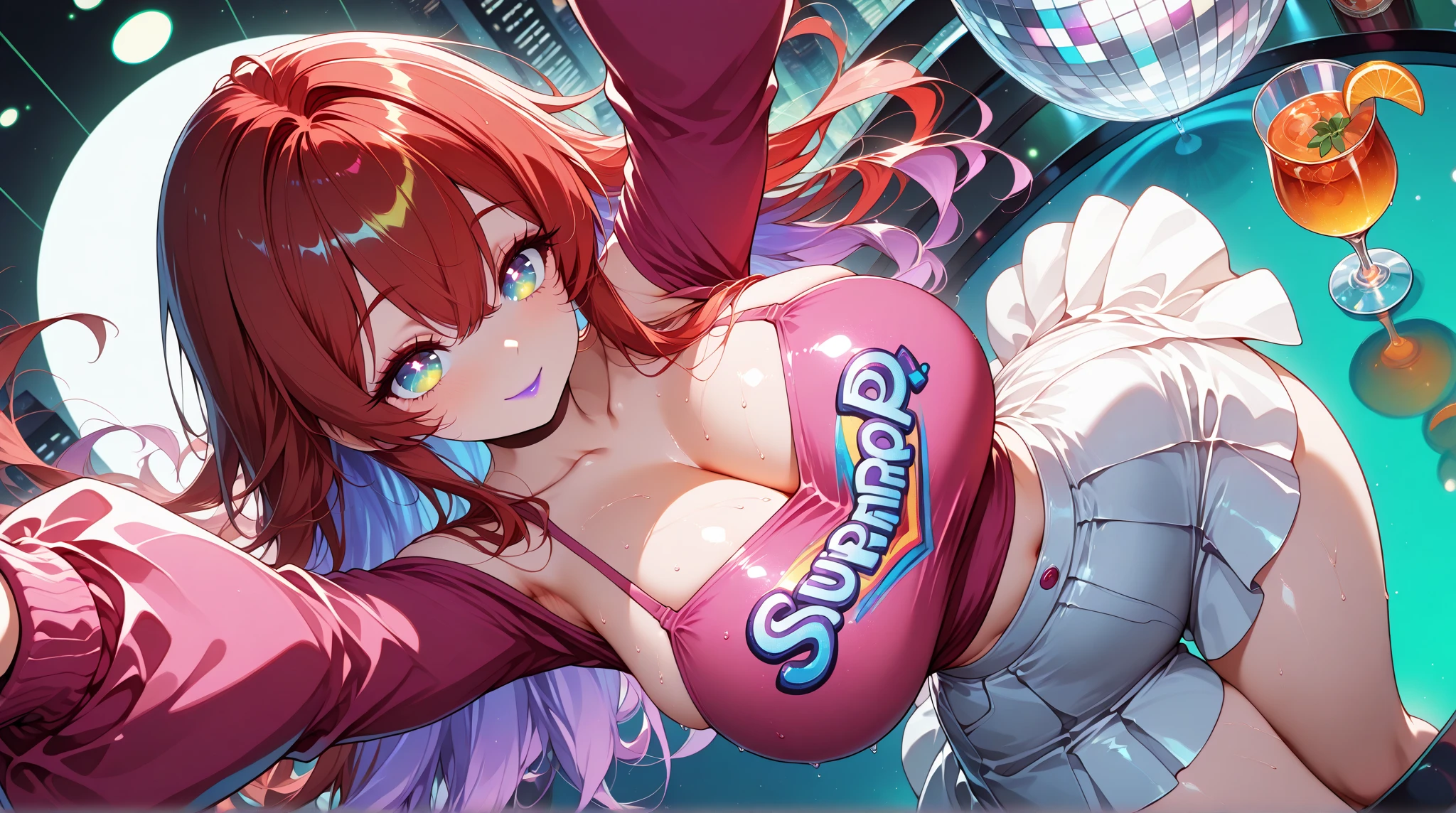 (best quality, highres, masterpiece:1.2), ultra-detailed, (realistic, photorealistic, photo-realistic:1.37), woman, mature, music notes, dancing, Joyful expression, Pink flowing hair, sparkling teal eyes, Music aura, instruments, headphones, Etheral, Stage, performance, Colorful outfit, jewellery, dance club, Musical aura, revealing clothes, busty, curvy,