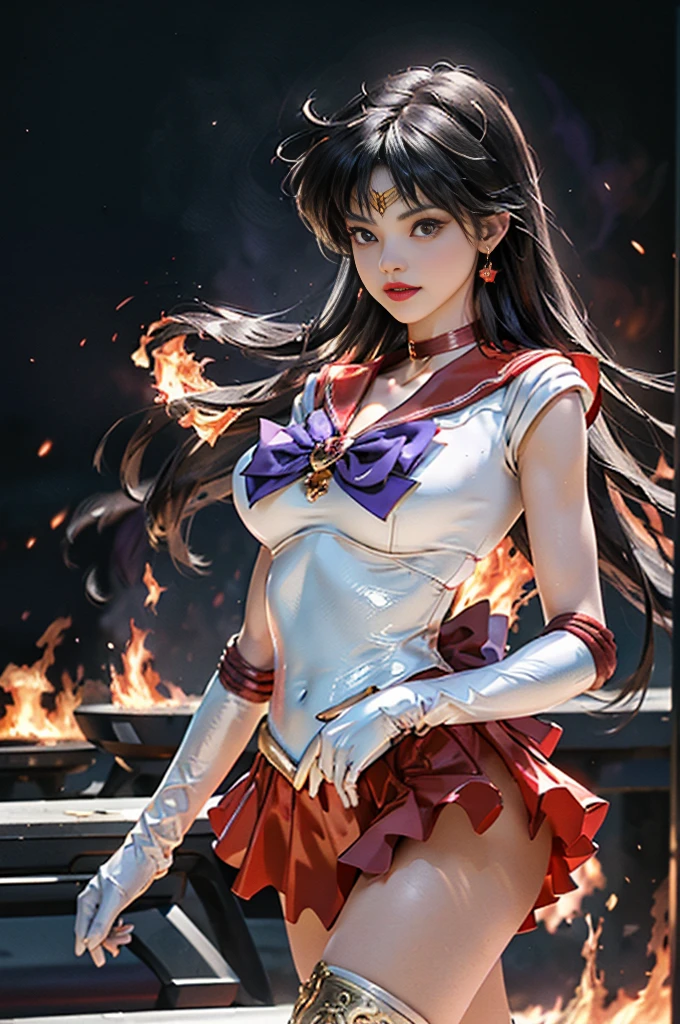 (ultra realistic,32k, masterpiece:1.2),(high detailed skin:1.1),( high quality:1.1),
<lora:EPsmSailorMars:0.8>EPsmSailorMars,1girl, solo,bishoujo senshi sailor moon Mars-08:1.0>,(purple eyes:0.7), purple hair, very long hair, bow, bowtie, purple bow, purple bowtie, breasts, brooch, choker, elbow gloves, gem, gloves, heart, heart brooch,jewelry,red bow, red choker, red gemstone, red sailor collar, shirt, short sleeves, star (symbol), star choker, white gloves, white leotard, white shirt,leotard, miniskirt, pleated skirt, red skirt, thighhighs,(looking at viewer, sitting, from above:1.1),, (huge breast, large breast:1.4),<lora:add_detail:0.9>,
(glow in the dark:1.1),Hellfire emberwind expanse, swirling embers, fiery creatures, domain of fire elementals, (fire, fireball:1.2), blurry background, outside
