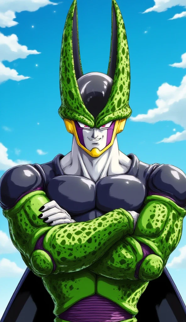 masterpiece, best quality, cell, 1boy, solo, arms crossed, looking at viewer, male focus, blue sky, cloud