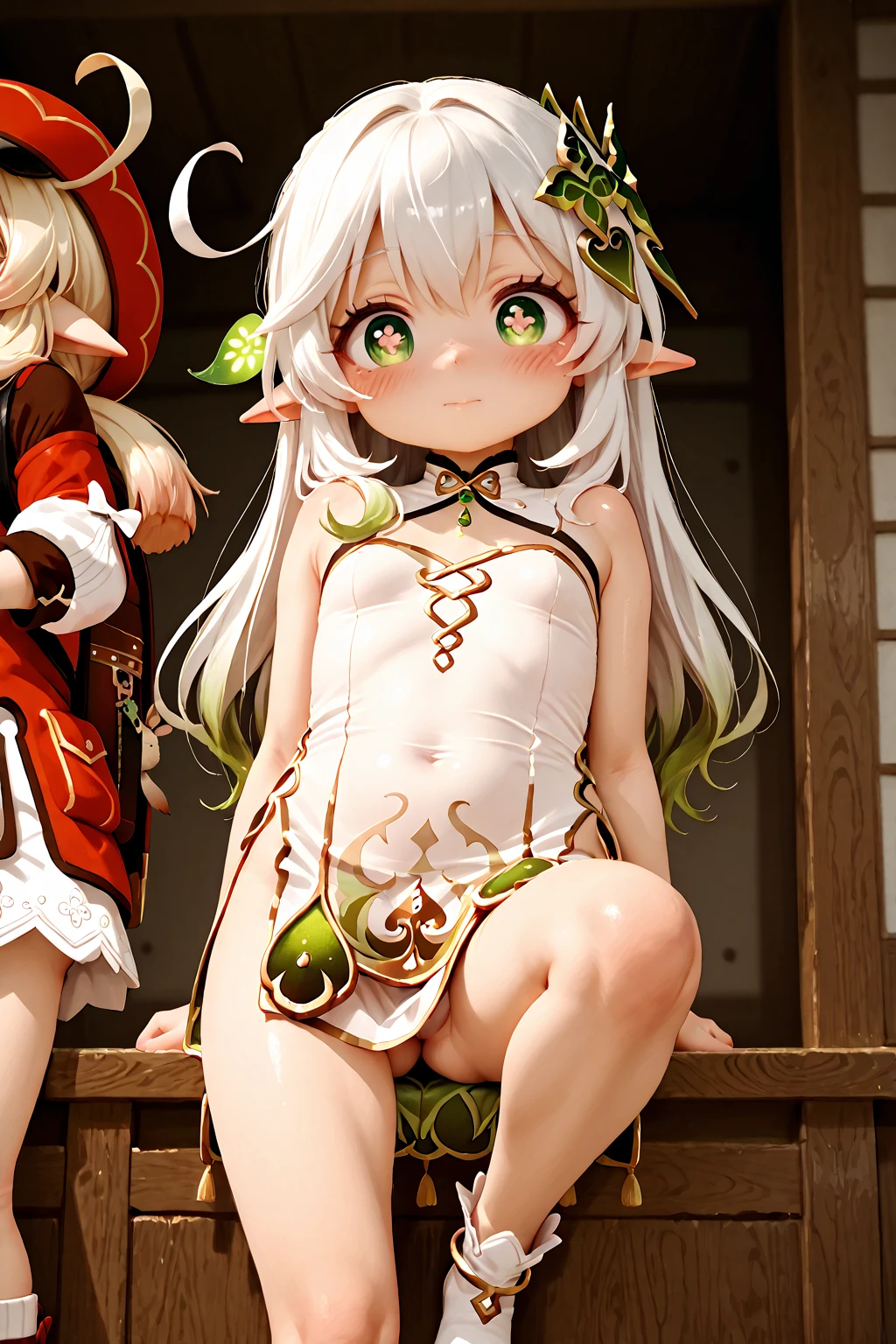1girl, white hair, green eyes, from below, looking down, pussy, scared, hourglass figure, ((black lingerie)), ((lingerie)), (black tights), (thick thighs), ((naked pussy)), nipples