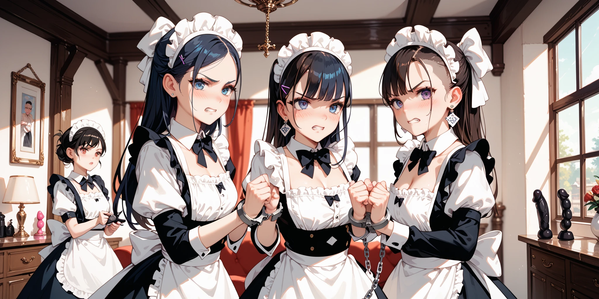 Anime, girl, cute girl, slave, maid, maid uniform, shoes, slave collar, shackles, cold, runny nose, nasal mucus, snot, snot from the nose, handkerchief, you need to sneeze, sneeze yourself, sneeze snot from your nose, desperately want sneeze, cover your nose with your right hand, urinary incontinence, peed, need to pee, pee yourself, pee, pee yourself, cry, really desperately want to pee, scat, diarrhea, crap yourself, need to poop, need to poop, poop in your panties, poop yourself, poop, sneeze, pee and pee yourself: 1.3), desire to sneeze, desire to pee, desire to poop tightly covering the perineum, knees together, feet apart: 1.6), (hand between legs, leaning forward: 1.3), (shaded face, despair, anxiety, sigh, full face flush, embarrassment, looking away: 1.5), (girl can't stand up straight: 1.5), full body, (ultra detailed face, best quality: 1.5), ( from the side), standing, living room, full height. Pee on the floor and pooped on the floor