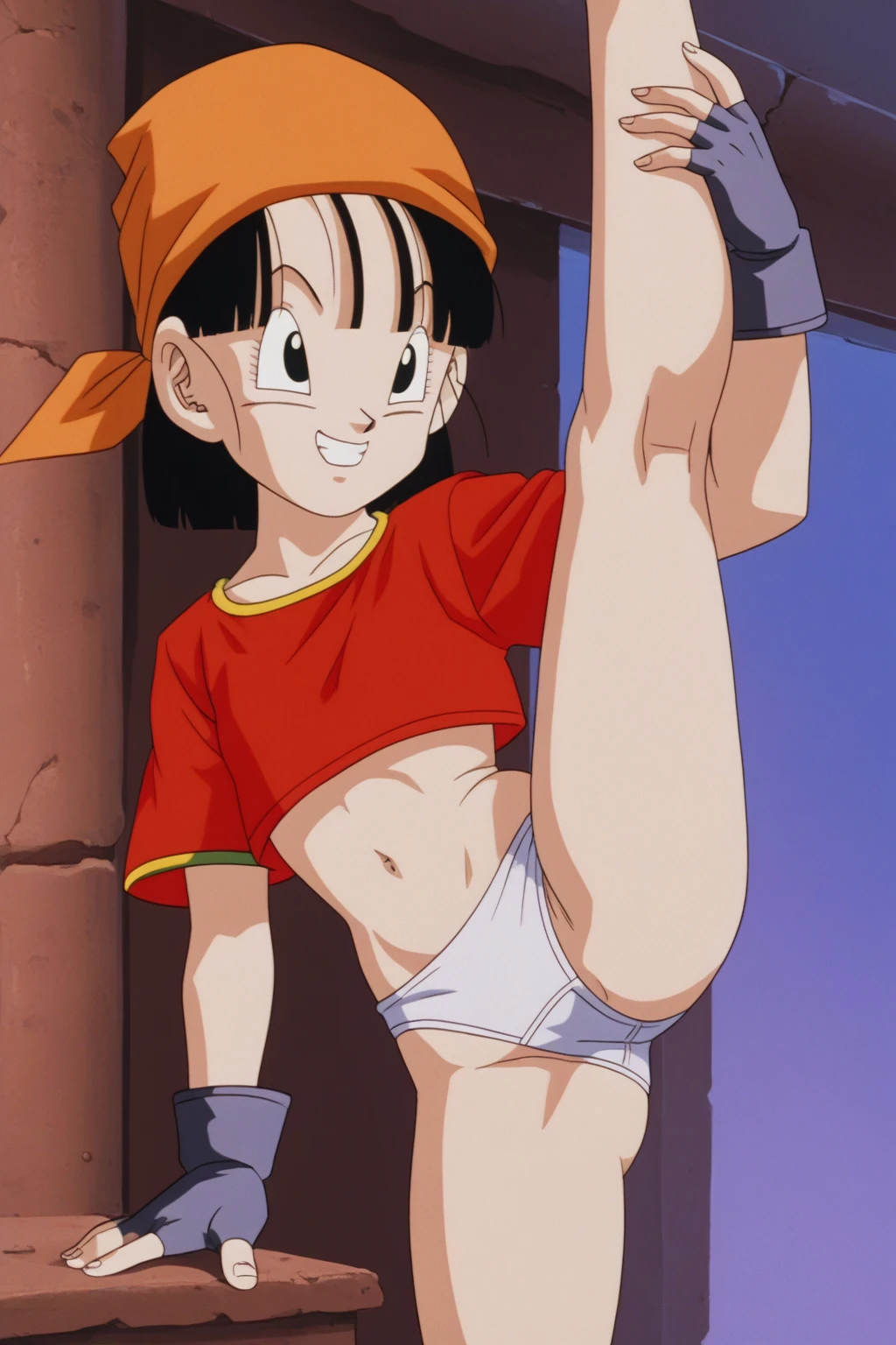 fountain_cheered up, score_9,score_8_above, score_7_above, ginedb, cheered up screencap,
1 girl, alone, old, looking at the viewer, smile, short hair, detailed nose, medium old, Closed mouth, aboveper body, retro artstyle, 1990s \(style\), below, black eyes, hands above, eyelashes, hands above, half closed eyes, happy, spiky hair, eyebrows, v-shaped eyebrows, medium tits, rebound, medium ass, sexy, , Wide hips, vagina, whole body, mono'cola, showing the ass, backwards