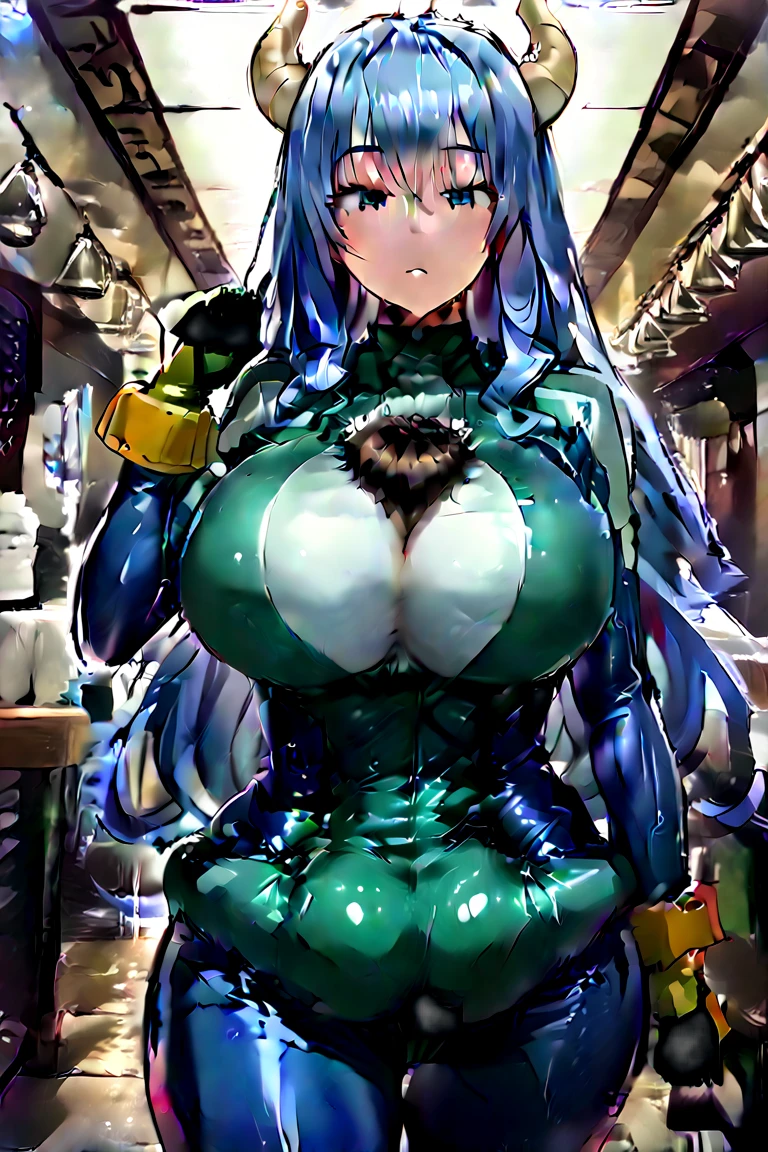 zPDXL, score_9, score_8_up, score_7_up, best quality, source anime, NSFW,  nejire hadou, blue eyes, blue hair, long hair, huge breasts, horns, blue bodysuit, bodysuit, drill hair, gloves, green bodysuit, multicolored bodysuit, multicolored clothes, yellow gloves,