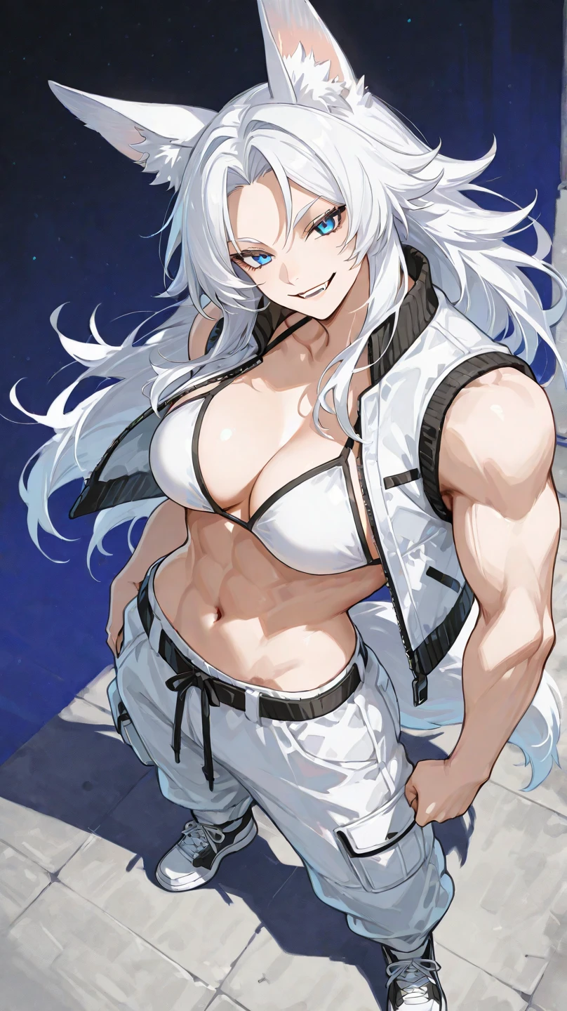 Create a woman she has long straight white hair, 5 white Kitsune tails, has blue eyes, and an extremely serious face, has a well-muscled body with voluminous thighs and medium breasts, make her shirtless showing her breasts with several blue energy tattoos on her body, Your pants are dark, and your muscles are showing, she has a serious look and white fox ears, dark pants