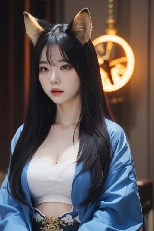 A close up of a woman with long black hair wearing a black top and dark blue eyes, She has black hair with bangs, inspiration in Ma Yuanyu, in bowater art style, in an anime style, Portrait of Tifa Lockhart, in anime style, 1 7 year old anime gothic girl, with long dark hair, She has black hair , jisoo from blackpink, popular south korean makeup, quality detailed ,(beautiful makeup :1.2), wide hips, Big, Big ass, (best quality, 8k, masterpiece: 1.3), clear focus: 1.2, Perfect body beauty: 1.4, strong abs, Very detailed face and skin texture. , detailed eyes, double eyelids, (long hair), Having very marked curves, with greater volume in ((hips and breasts)), which makes the waist look much smaller ((wasp waist)).(masterpiece, top quality, Best Quality, official art, depth of field, Beauty: 1.2), pinnacle rendering, Realistic representation, (1 girl)