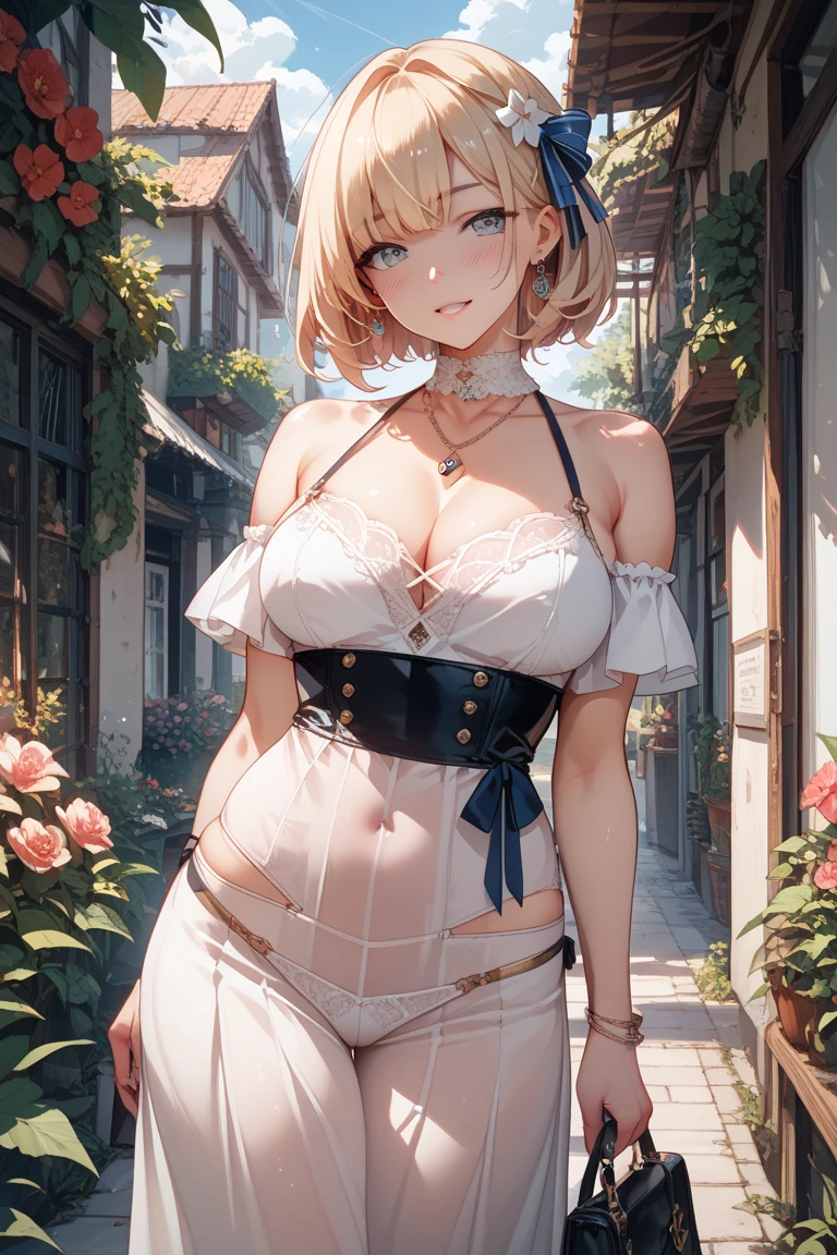 Please follow the all prompts below exactly and faithfully, This is a breathtaking masterpiece of digital illustration, with maximum resolution, UHD, 512K, 2160p, 10 million ppi, 300 million dpi, natural color tones, ultra sharp details, perfect outlines with contrast, ((smooth, soft and clearly and most realistic skin and hair texture)), most beautiful detailed eye features, perfect anatomically correct human body, beautiful background with depth, rule of thirds, depth of field, Maximize all element is used to its full potential to create the best digital illustrations, 1woman, sexy, 25years old, beautiful face sharp, elegant woman, Ultimate perfect body style, beautiful beautiful big breasts, Maximize upturned breasts, green eyes, shiny blonde hair, short hair, bob cut, (eyes visible through hair:1.3), glossy very thick lips, pink lipstick, smile:1.5, Festival Outfit: A crop top with fringe details along the hem and high-waisted denim shorts. The crop top is made of soft, stretchy fabric and has a scoop neckline. The denim shorts are distressed with frayed edges and feature a button fly. The outfit is accessorized with a flower crown and layered necklaces.