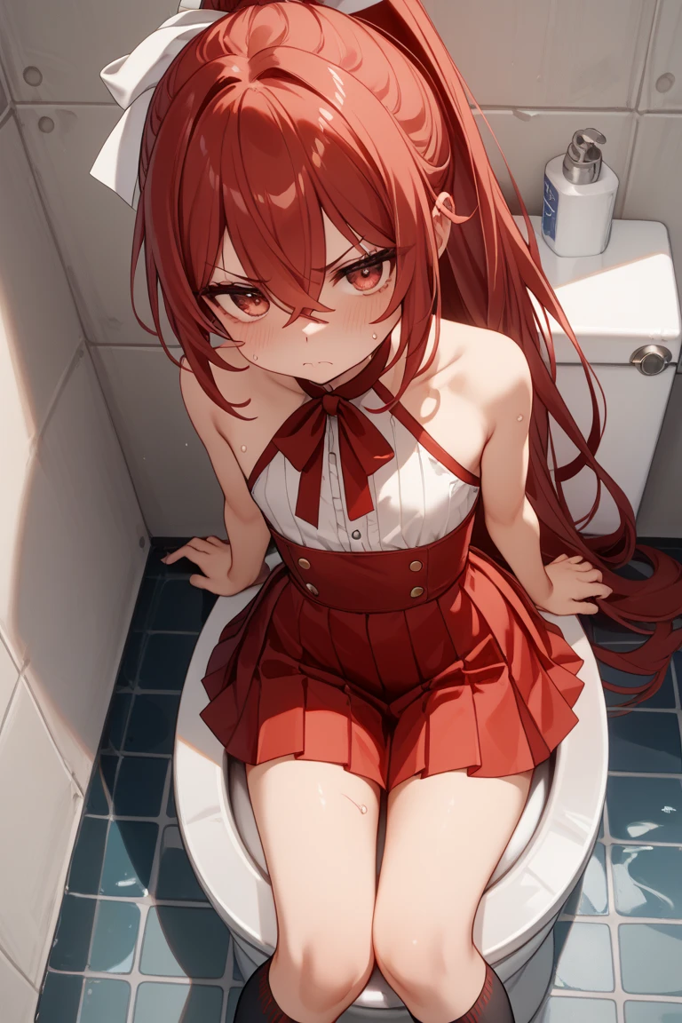 Maid Cosplay、1girl in、((glowy skin))、((cum on chest))、crouching down、opens legs、Opening legs、Thin panties、looking at the viewers、face to viewer、Ruined restroom、red hairs