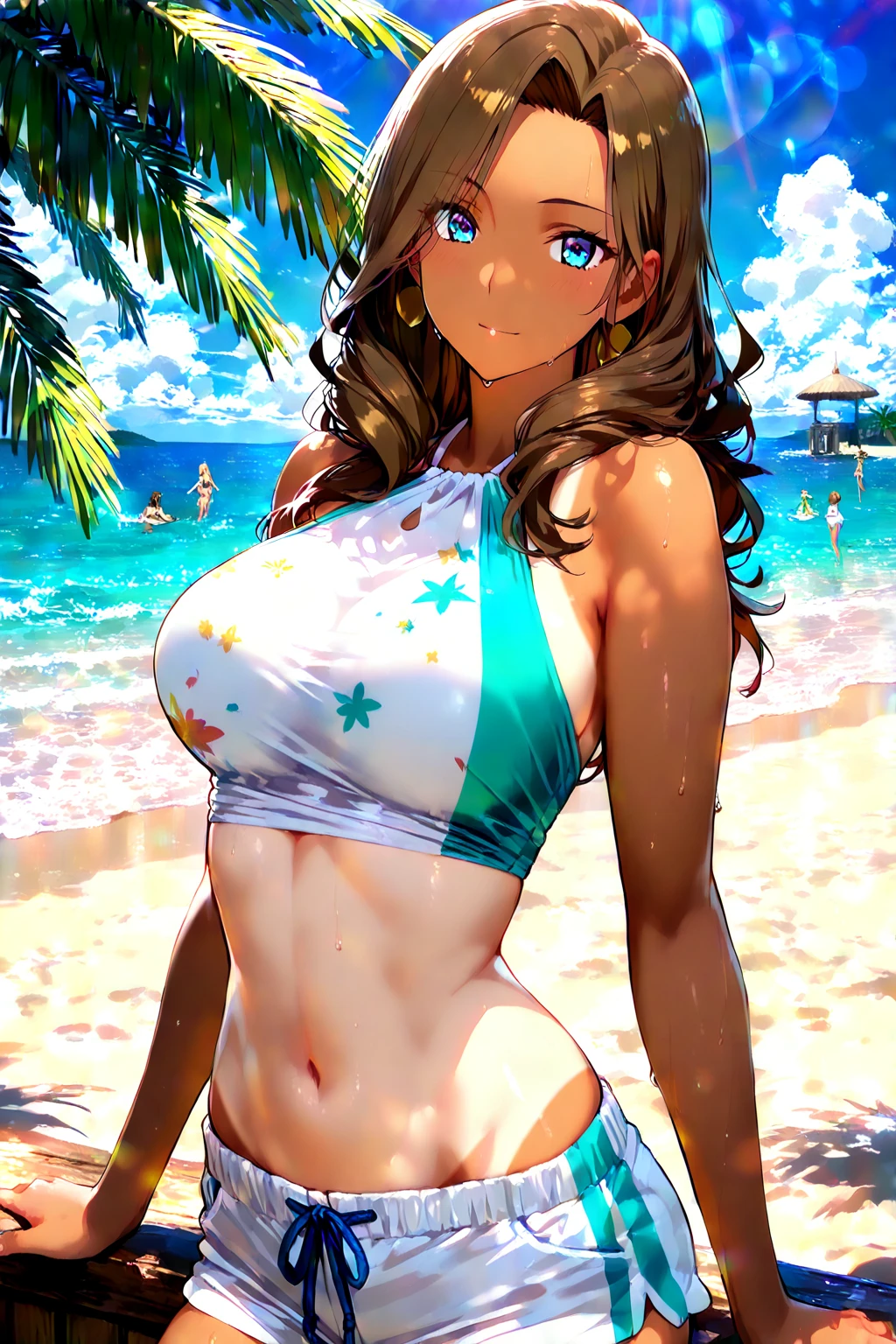 ((highest quality, masterpiece, High resolution)), ((reality)),Photos of beautiful Japanese women,((anime art))、 (((1 girl))), normal size breasts, slim body shape, long ponytail,double eyelid, Wet see-through micro bikini,  A pareo with bold ethnic patterns and plenty of primary colors、(Brown skin:1.4),realistic skin、Wet,whole body,cinematic light、tropical、Against the background of palm trees on both sides、on a sunny beach、With the sea in the background、blur background、smile