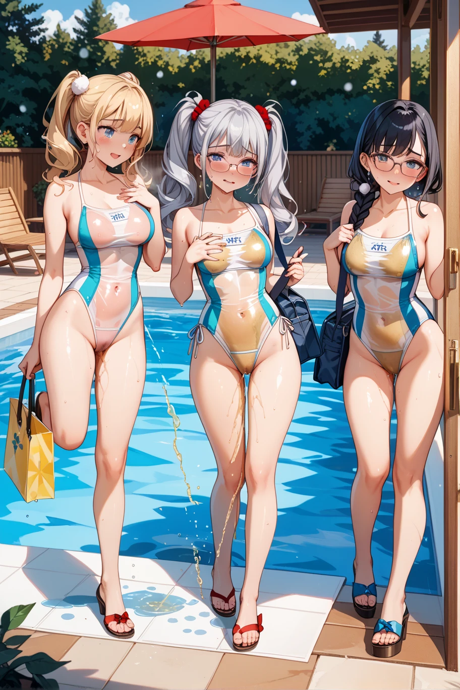 Highest quality、High resolution、Detailed Background、(Beautiful face in every detail:1.4)、Anatomically correct、Detailed facial expressions、(Detailed eyes:1.2)、Teenage beauty、(Huge breasts:1.2)、Highly detailed face、Light color hair、Braided bob cut、ponytail、Perfect body line、well-groomed eyebrows、Water play spot、Water play slide、Water play event、
(Three smiling girls playfully splashing water on each other:1.5)、
White school swimsuit、White Sailor School Swimsuit、My whole body gets wet、Smiling、A big smile、A fun atmosphere、Accentuate your cleavage、cute