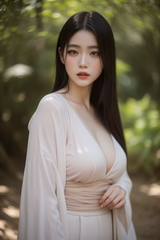 (Surreal) , (illustration), (Improve resolution), (8K), (Extremely detailed), (best illustration), (Beautiful and delicate eyes), (best quality), (Extremely detailed), (masterpiece), (wallpaper), (Delicate face), 1 girl, Black straight hair, slim body, Fine details, in the darkness, Deep Shadows, Low profile, Purebred face_v1, a happy expression, Summer Clothing, Fall, Rainforest，Large Breasts，Big ，Sexy，Cool outfit。