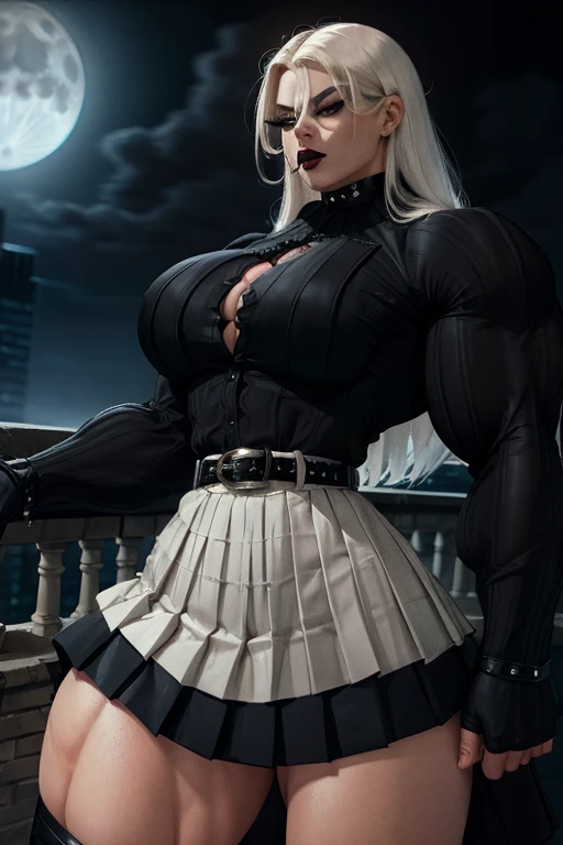 (Massive, beautiful, buff, brown skinned muscular woman with white hair, blue eyes, black lipstick, ginormous bulky muscles), (((long leather coat))), spiked choker, (((leather shorts))), (((black corset))), corset, (long sleeve coat), (black lipstick), leather shorts, choker, spiked gauntlets, thigh high boots, {close view}, (massive muscles), (hyper muscles), long straight hair, (top of a dark dilapidated building surrounded by water), dark world, closed smile