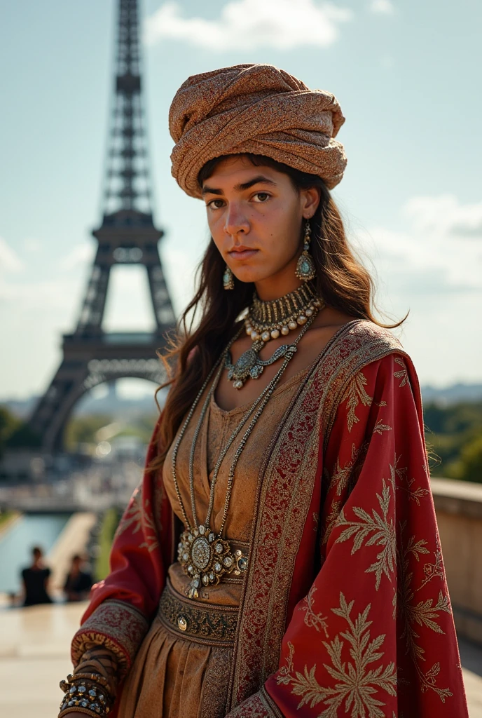Arafed Femme avec des vêtements Kabyles, Fille aux yeux marrons, Portrait Sophie Mudd, longs cheveux bruns bouclés et en désordre et grands yeux, selfie d'une jeune femme, yeux de la chambre, violette myers, sans maquillage, maquillage naturel, regarder directement la caméra, visage avec artgram, maquillage subtil, superbe photo de tout le corps, devant la Tour Eiffel, elle est élégante, Porte une robe traditionnel Kabyle, Tizi ouzou, Berbers, Algérie, elle porte une chaine avec un pendantif en croix berber le signe Z