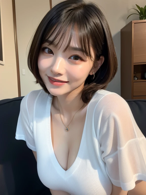 Haruno sakura, ((alone)), alone, E cup breasts,, ((Show your forehead)), smile,Black Hair, (((short hair))), delicate, young, short hair, Detailed face, High resolution, ((whole body)), whole body, she is a beautiful , High quality face, beautiful, Shine,(masterpiece:1.3), High resolution, Very detailed, Very detailedな,Unity 8k wallpaper, Realistic, photo-Realistic, RAW Photos, Beautifully detailed face, Pale skin, Realistic glistening skin, Sitting with their chests together、オフィスの背景を持つyoung女性の半身肖像画。Her face has large, expressive dark eyes.、She has smooth, clear skin and soft pink lips.。she is wearing a white blouse、Create a professional impression。In the background、Part of the office is visible, with documents and computers.。The overall lighting is soft and uniform.、It brings out her natural beauty。The camera angle is slightly pulled back、I made sure her upper body was in the frame.、I&#39;m careful to preserve the details and features of the face.。

